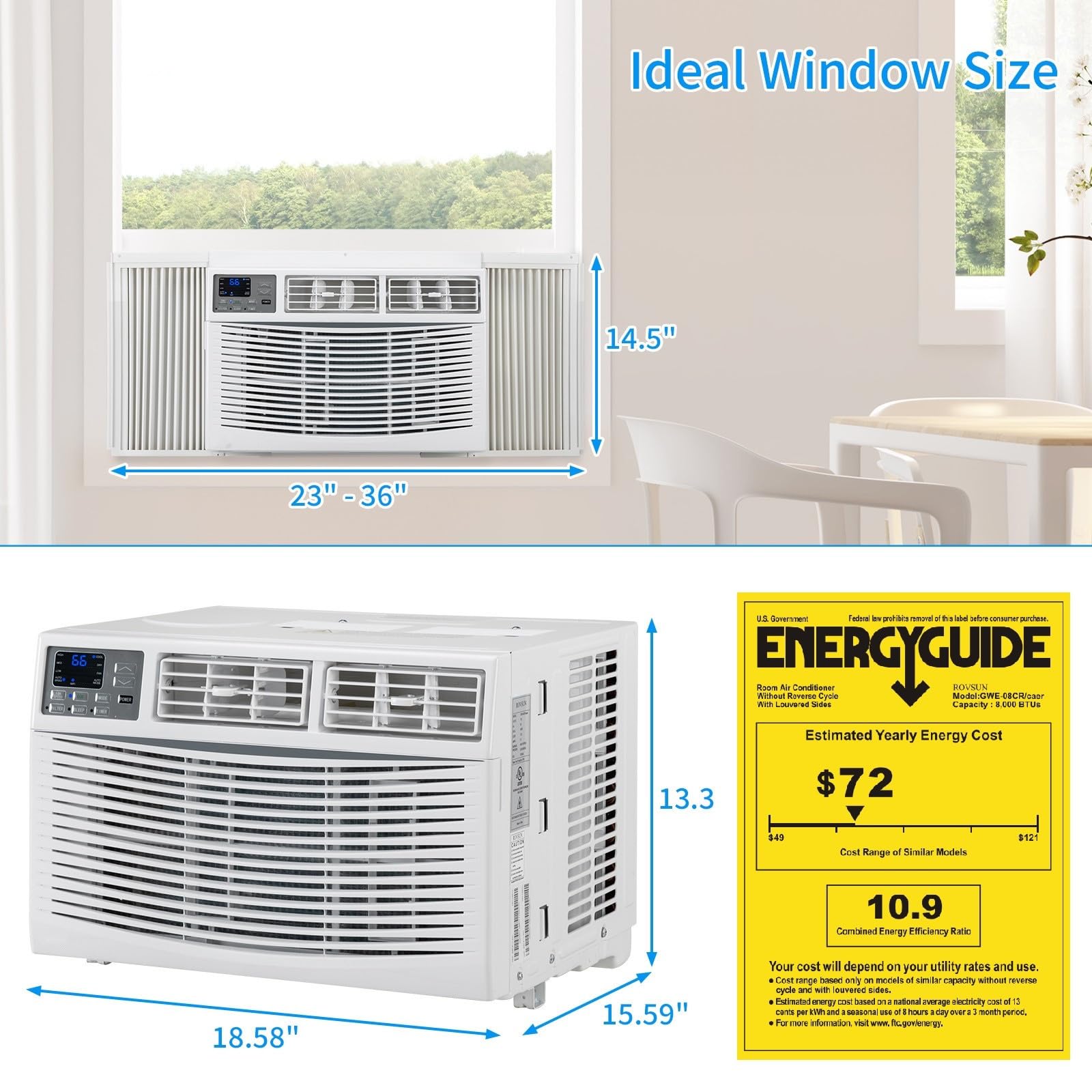 Bonnlo 8000 BTU Smart WiFi Window Air Conditioner - Energy Efficient Room AC Unit with Remote Control & Timer, Cools Up to 350 Sq.Ft (115V/60Hz, White) - Perfect for Bedrooms, Offices & Small Apartments