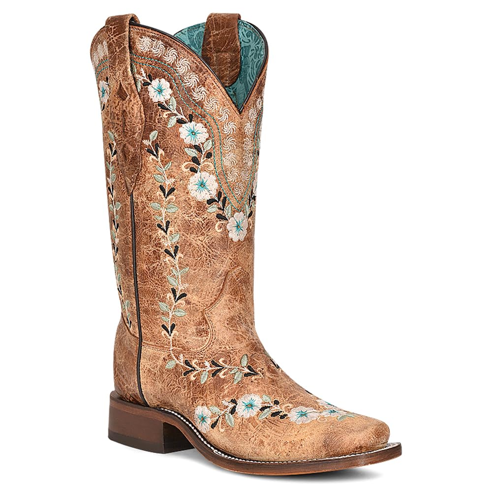 **Women's Distressed Glow-in-the-Dark Floral Embroidered Square Toe Cowboy Boots – Mid Calf, Low Heel (1-2
