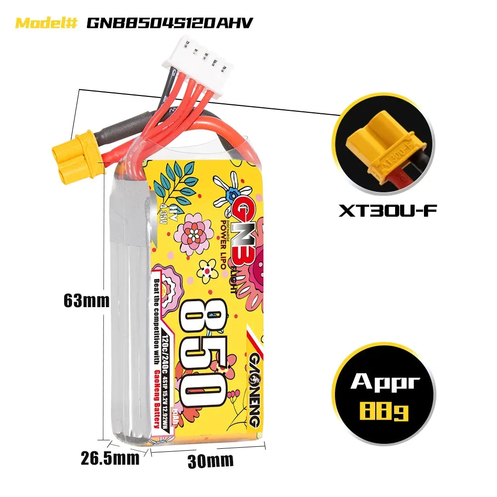 GAONENG GNB LiHV 4S 15.2V 850mAh 120C XT30 LiPo Battery for RC Drones, FPV Racing, and Airsoft Guns - High Performance Rechargeable Drone Battery