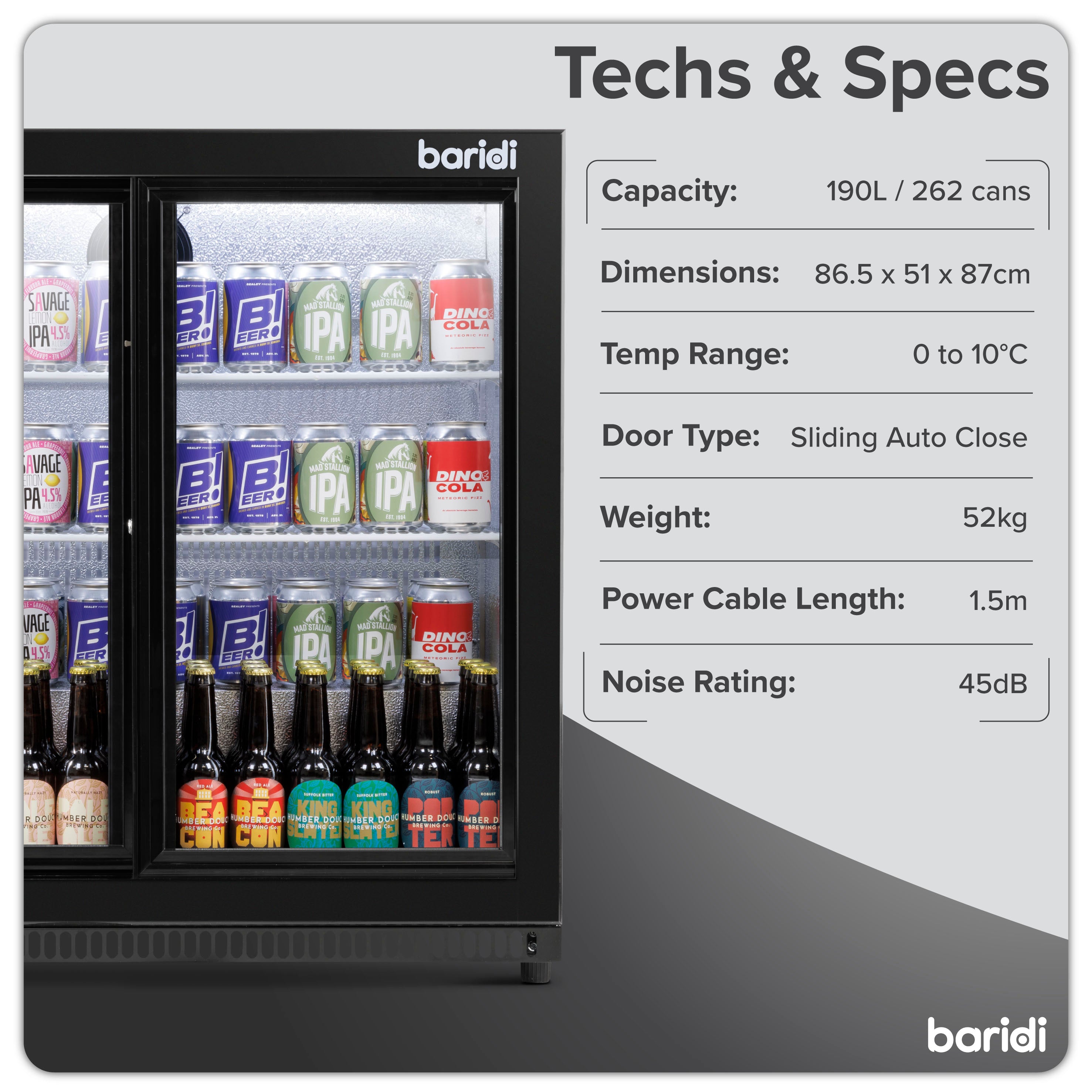 Baridi 190L Double Sliding Door Back Bar Refrigerator - Commercial Grade Black Drink Cooler for Bars, Restaurants & Home Use | Energy Efficient Beverage Fridge with Adjustable Shelves (Model DH273)