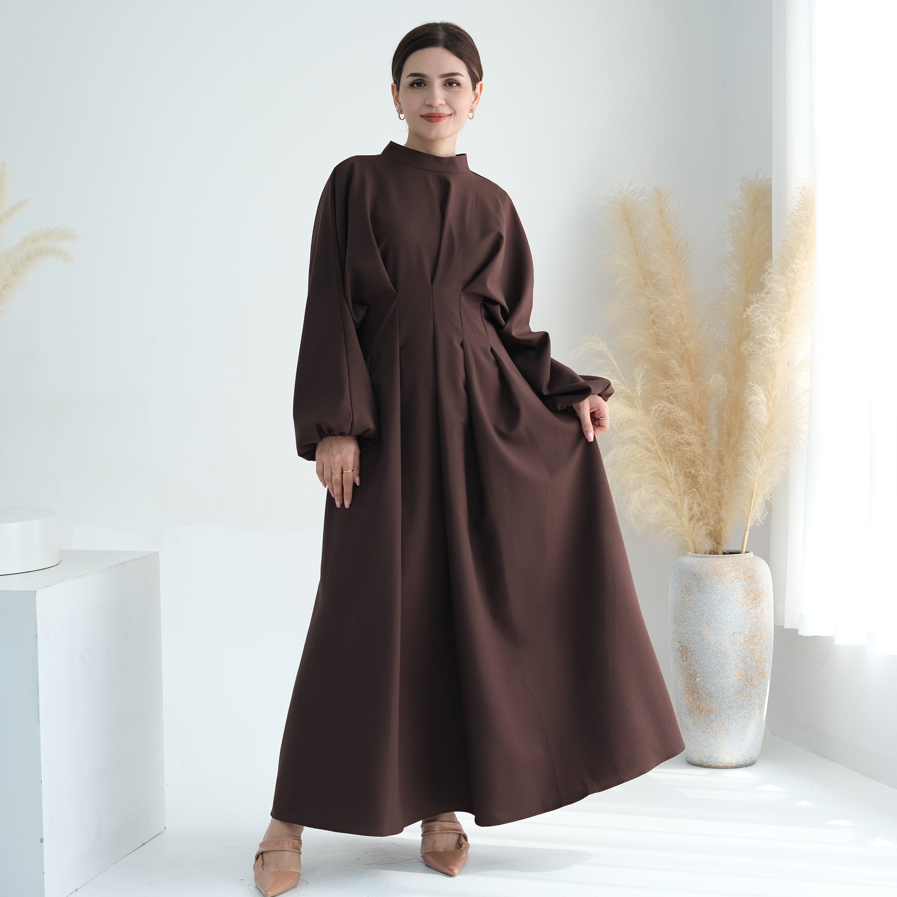 Madison Long Sleeve Maxi Dress for Women - Elegant Coffee Brown Flowy Boho Style - Perfect for Weddings, Parties & Fall Fashion