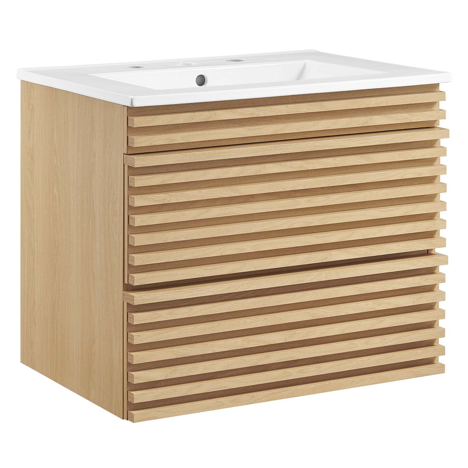 Modway Render 24 Inch Wall Mounted Bathroom Vanity in Oak White - Modern Space Saving Vanity for Small Bathrooms & Powder Rooms