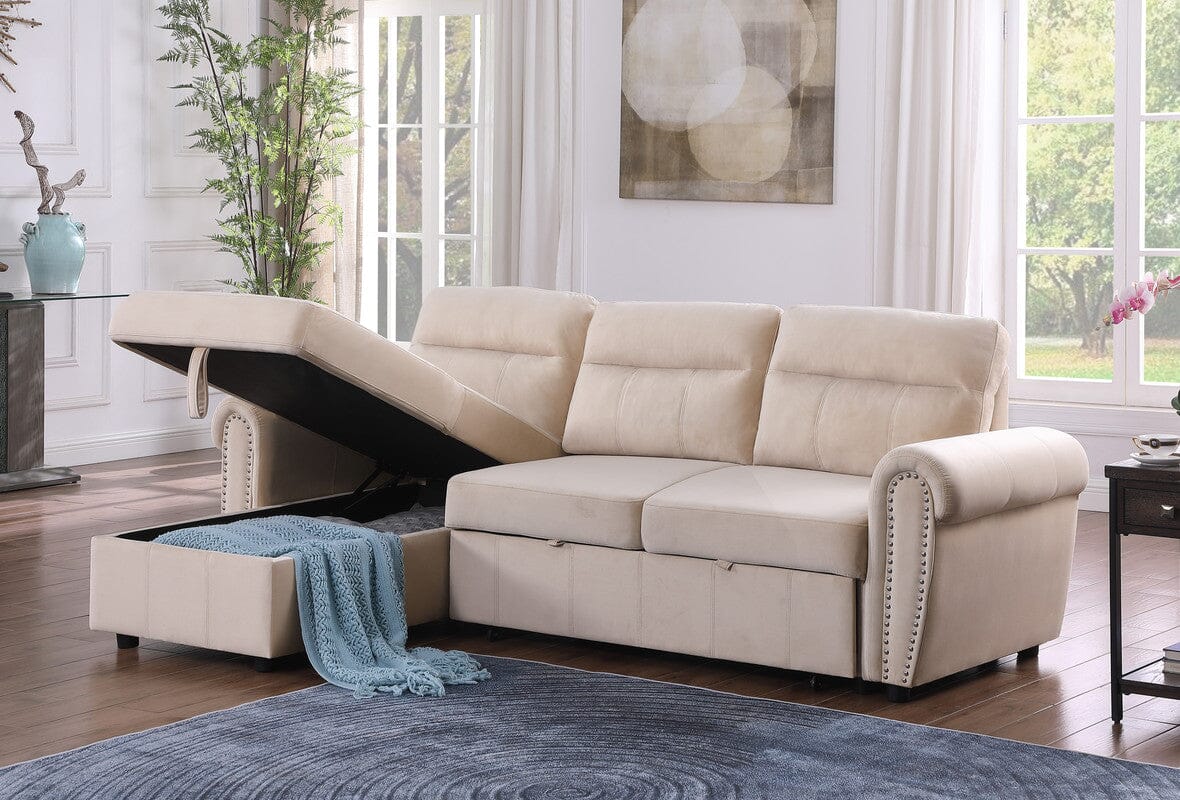 Luxury Ashton Beige Velvet Reversible Sectional Sofa with Chaise Lounge - Modern Reversible Sleeper Sofa for Living Room, Home Theater & Small Spaces