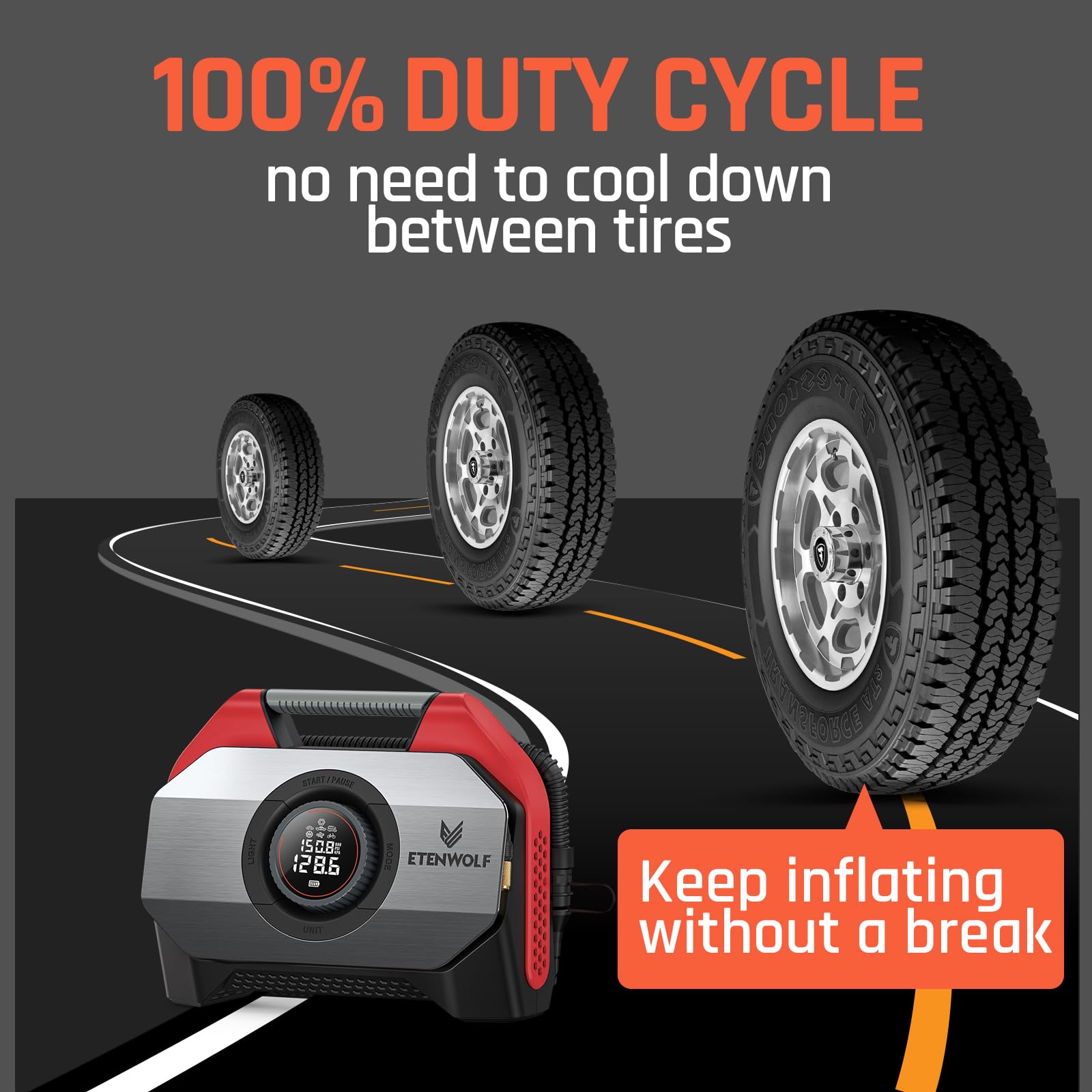 ETENWOLF VORTEX S6 Cordless Tire Inflator - 19200mAh Portable Air Compressor for Cars, Trucks, Bikes & Inflatables - Heavy Duty Dual Cylinder Pump with 100% Duty Cycle (Red) - Perfect for Road Trips, Camping & Emergency Tire Inflation