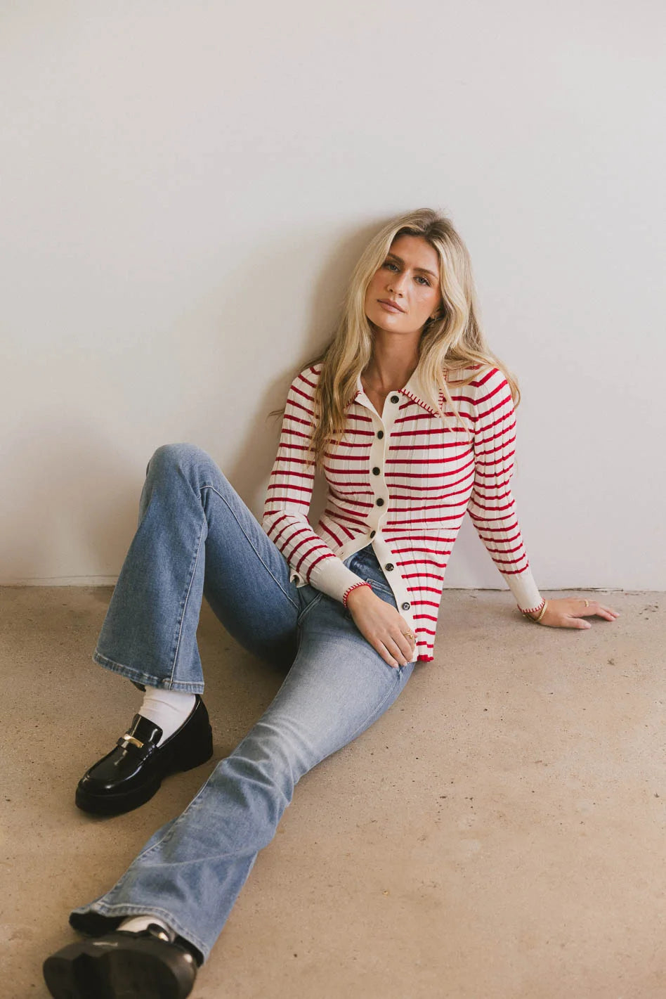 Harrison Women's Striped Collared Shirt - Long Sleeve Button Down Blouse in Red | Casual Office Wear & Spring Outfits