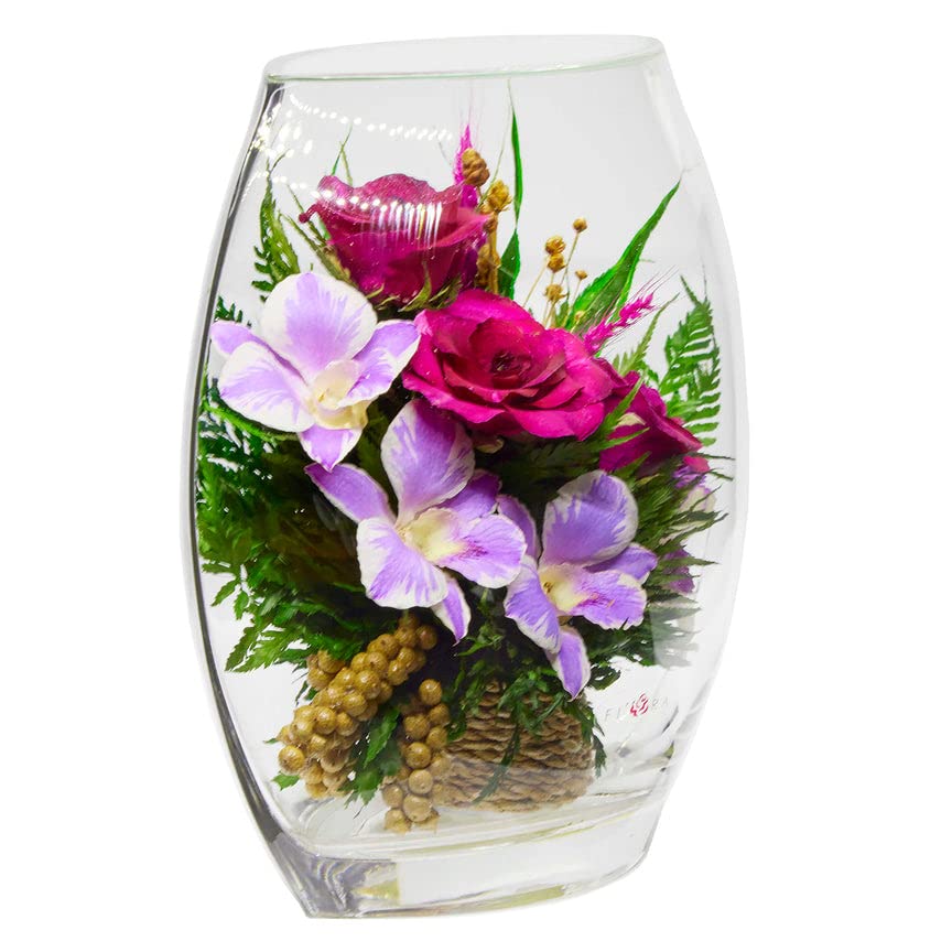 Luxury Preserved Orchid Arrangement in Glass Vase - Long Lasting Silk Flowers for Anniversary, Wedding, Corporate Gifts - Perfect for Home Decor, Office Centerpiece & Special Occasions