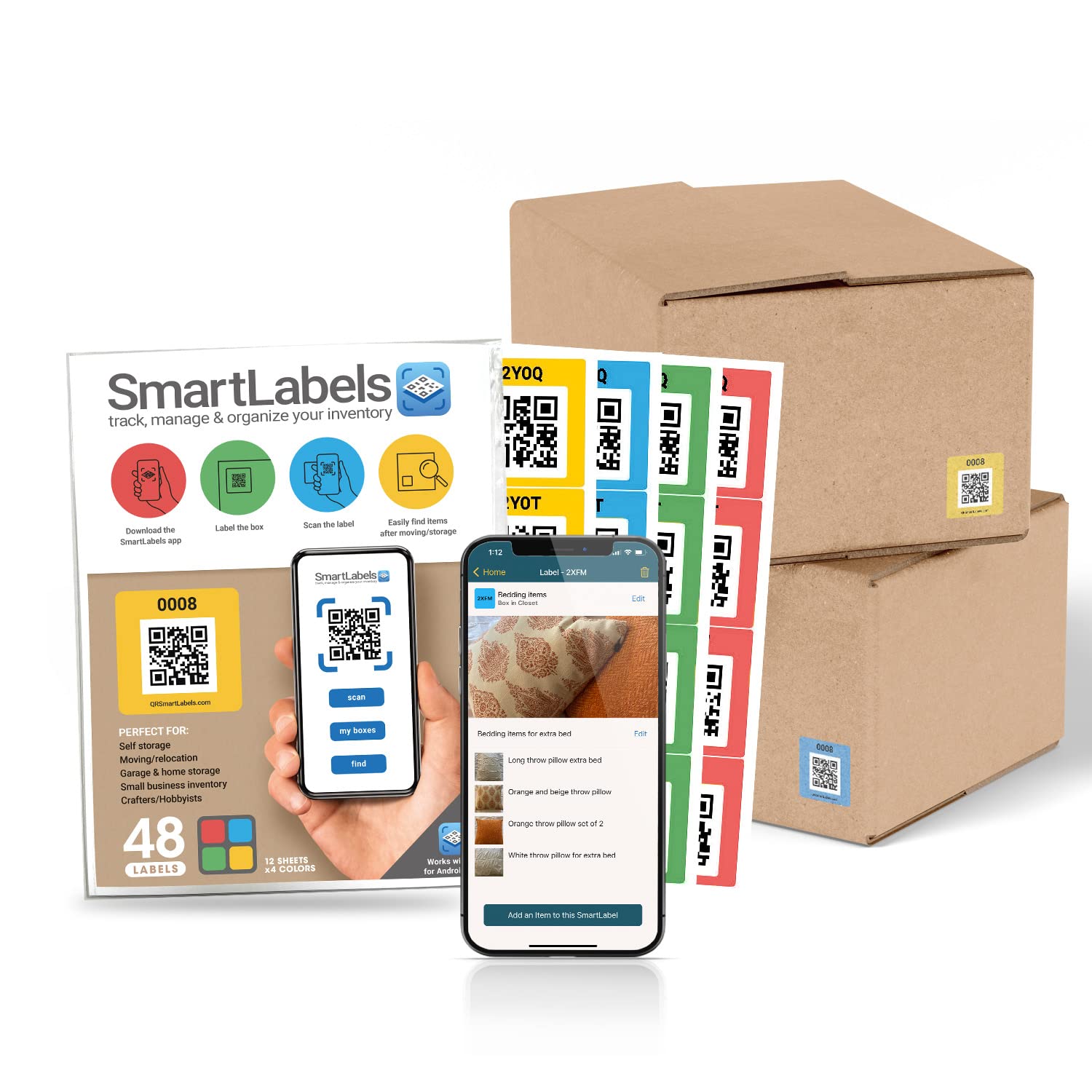 48 Pack Smart QR Code Stickers for Storage & Inventory Tracking - Made in USA | Organize Storage Units, Moving Supplies & App Inventory Management | Perfect for Home Organization, Warehouse Labeling & Business Asset Tracking