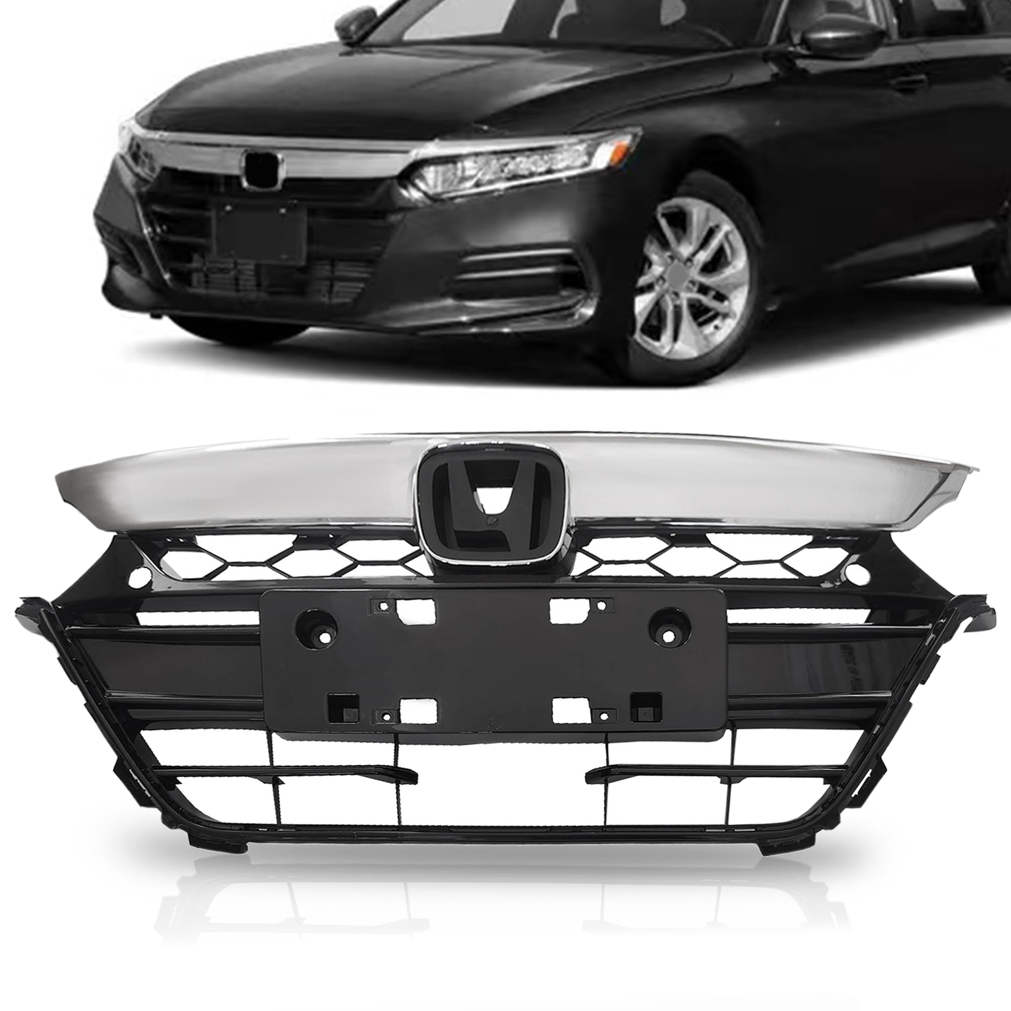 2018-2019 Honda Accord Front Bumper Grille - Black with Chrome Trim (Part #71111TVAA5) | Perfect for Car Upgrades & Replacement Parts