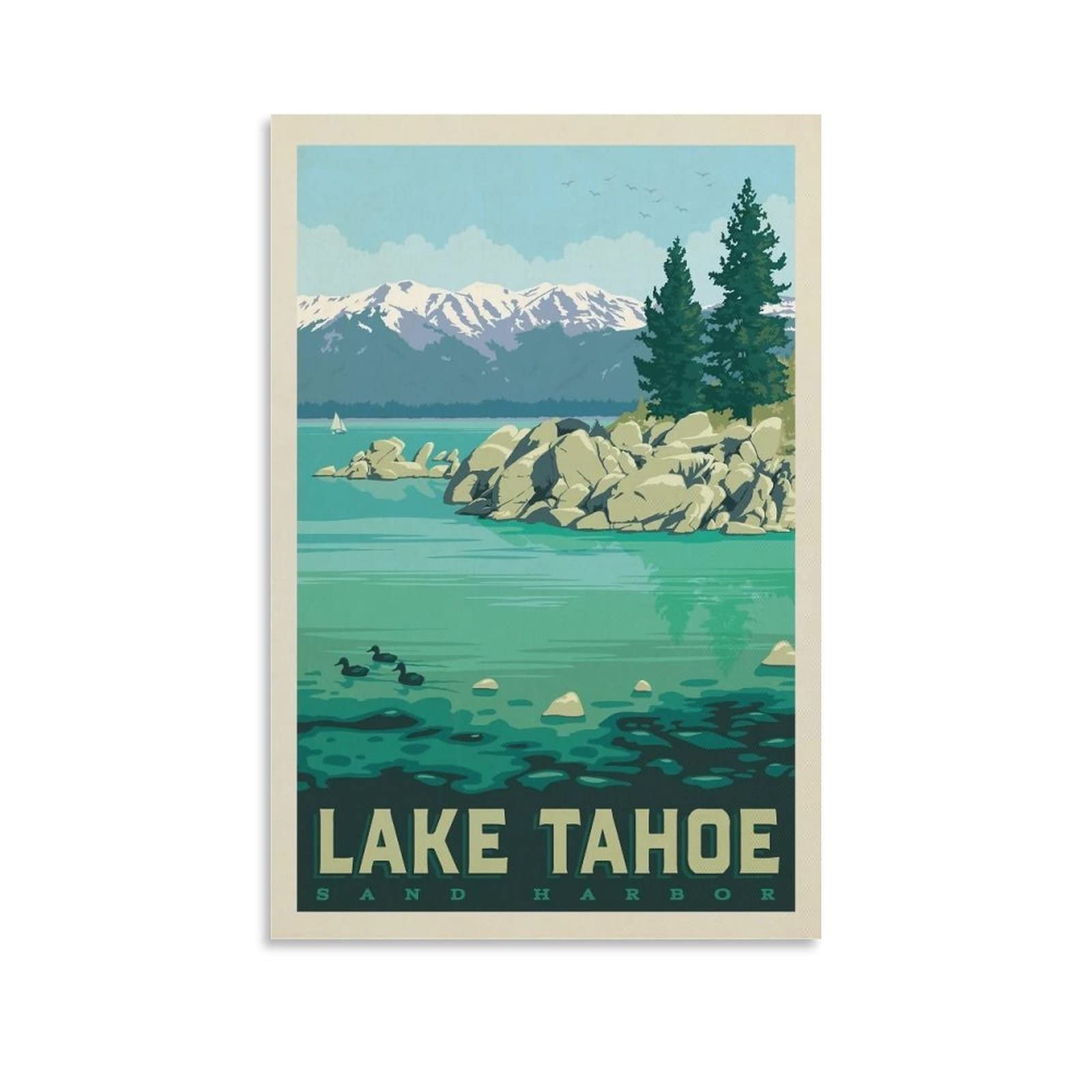 Vintage California Sand Harbor Lake Tahoe Landscape Canvas Wall Art - 20x30 Inch (50x75cm) Travel Poster, Decorative Painting for Living Room & Bedroom - Perfect for Home Decor, Office Wall Art, and Gift Giving