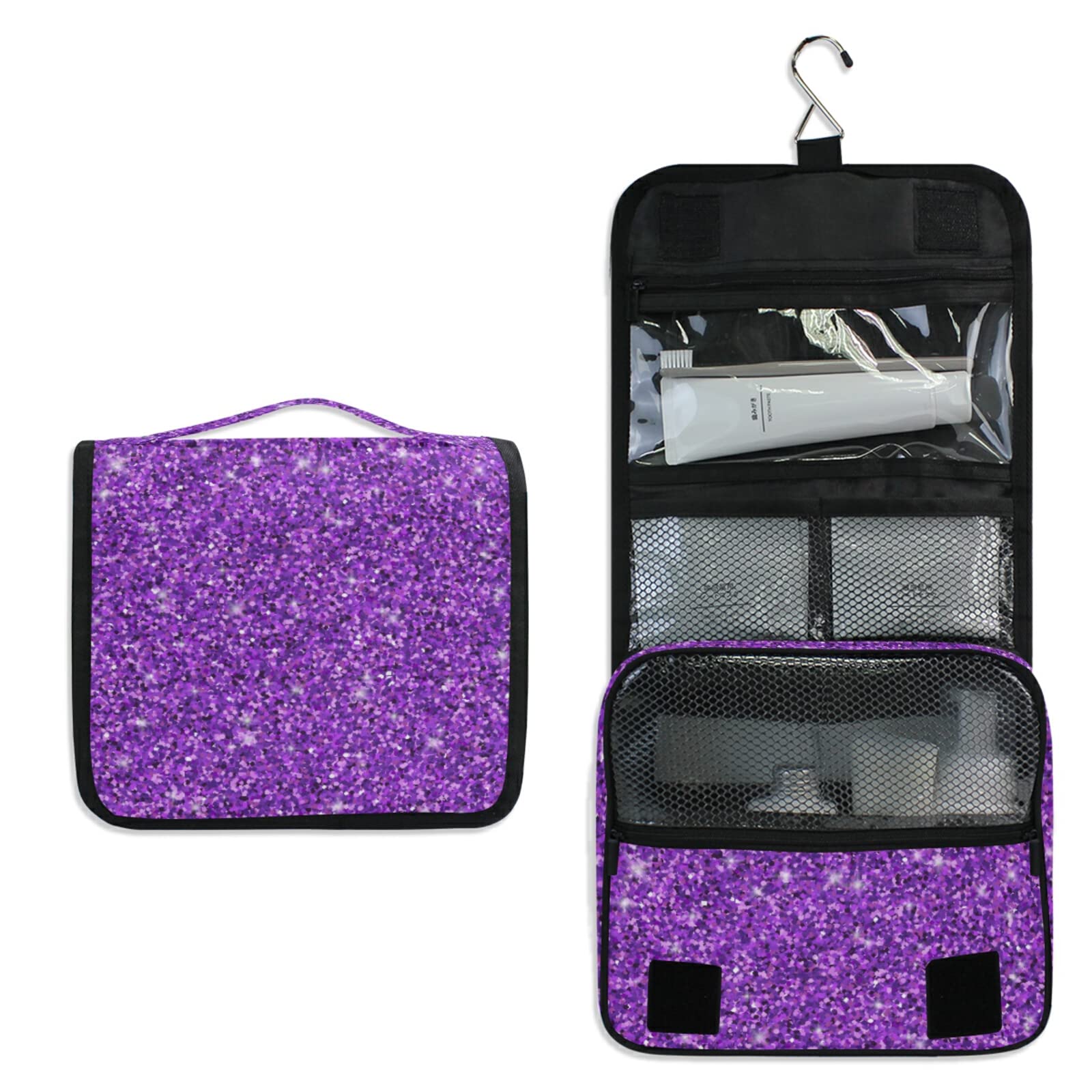 JUNZAN Purple Glitter Hanging Travel Toiletry Bag for Women & Men - Waterproof Cosmetic Organizer with Hook for Bathroom, Gym, Camping & Vacation