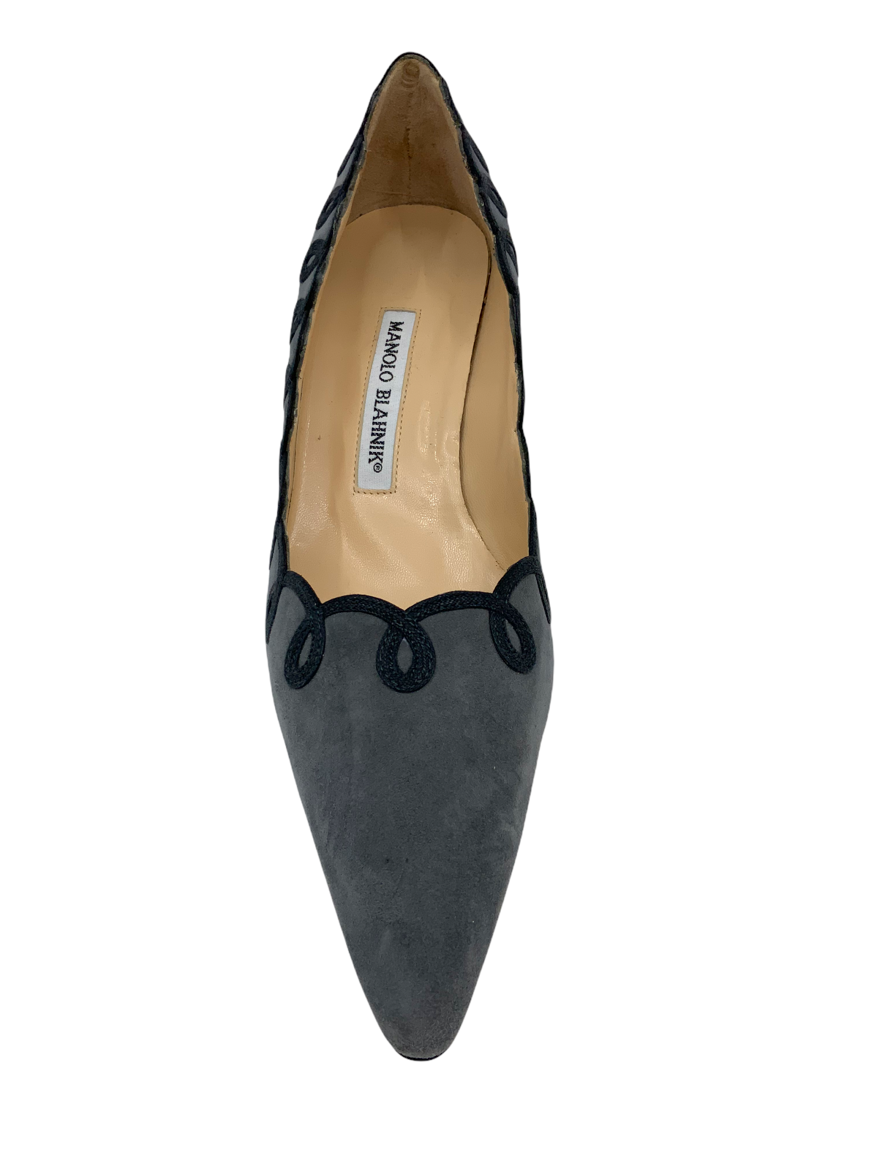 Manolo Blahnik Suede Applique Swirl Pumps Women's Size 8.5 | Elegant High Heel Dress Shoes for Weddings, Parties & Special Occasions