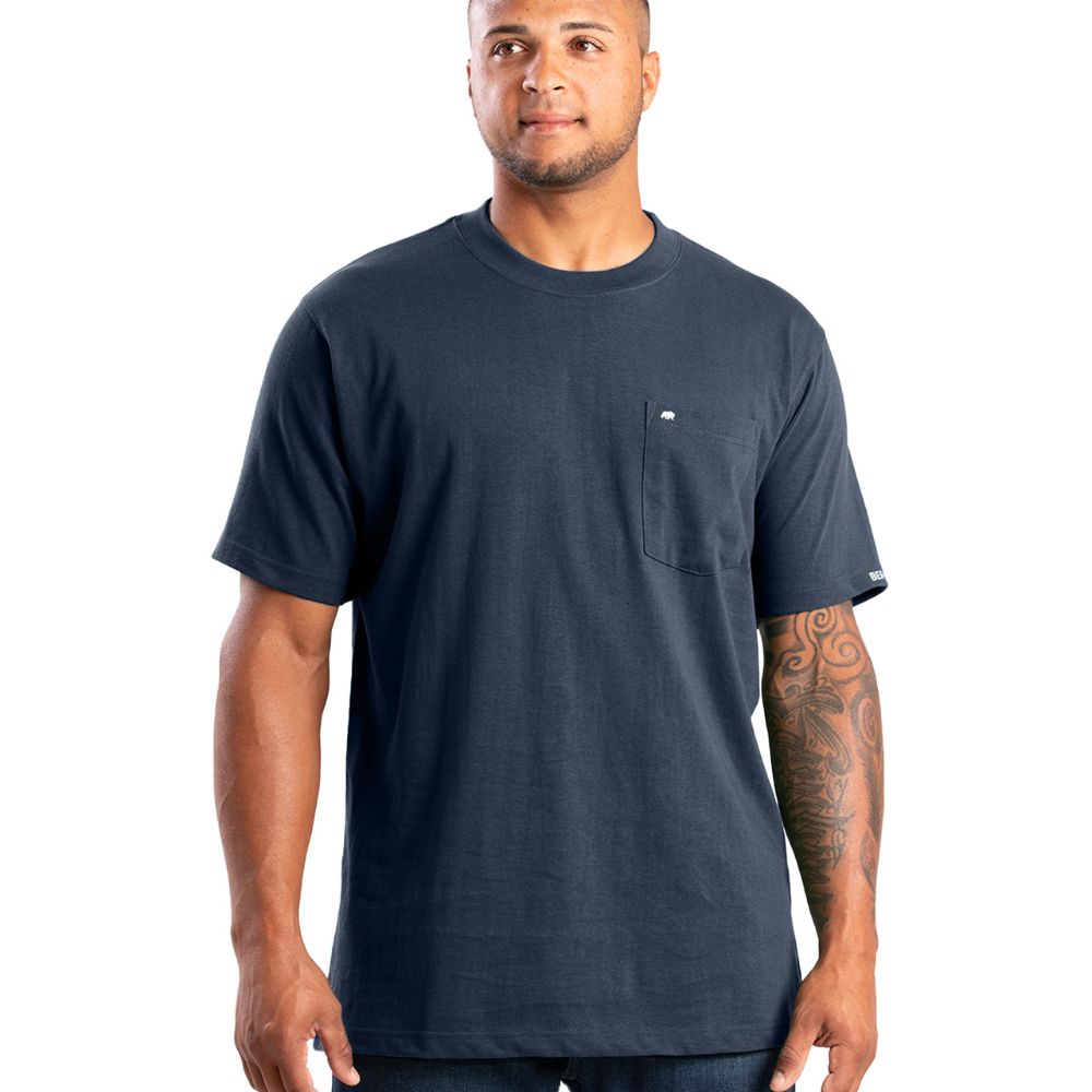 Berne Men's Heavyweight Short Sleeve Pocket Work Shirt - Durable Cotton Blend, Comfortable Fit, Navy Blue (BSM71) | Ideal for Construction, Farming, Outdoor Work & Casual Wear
