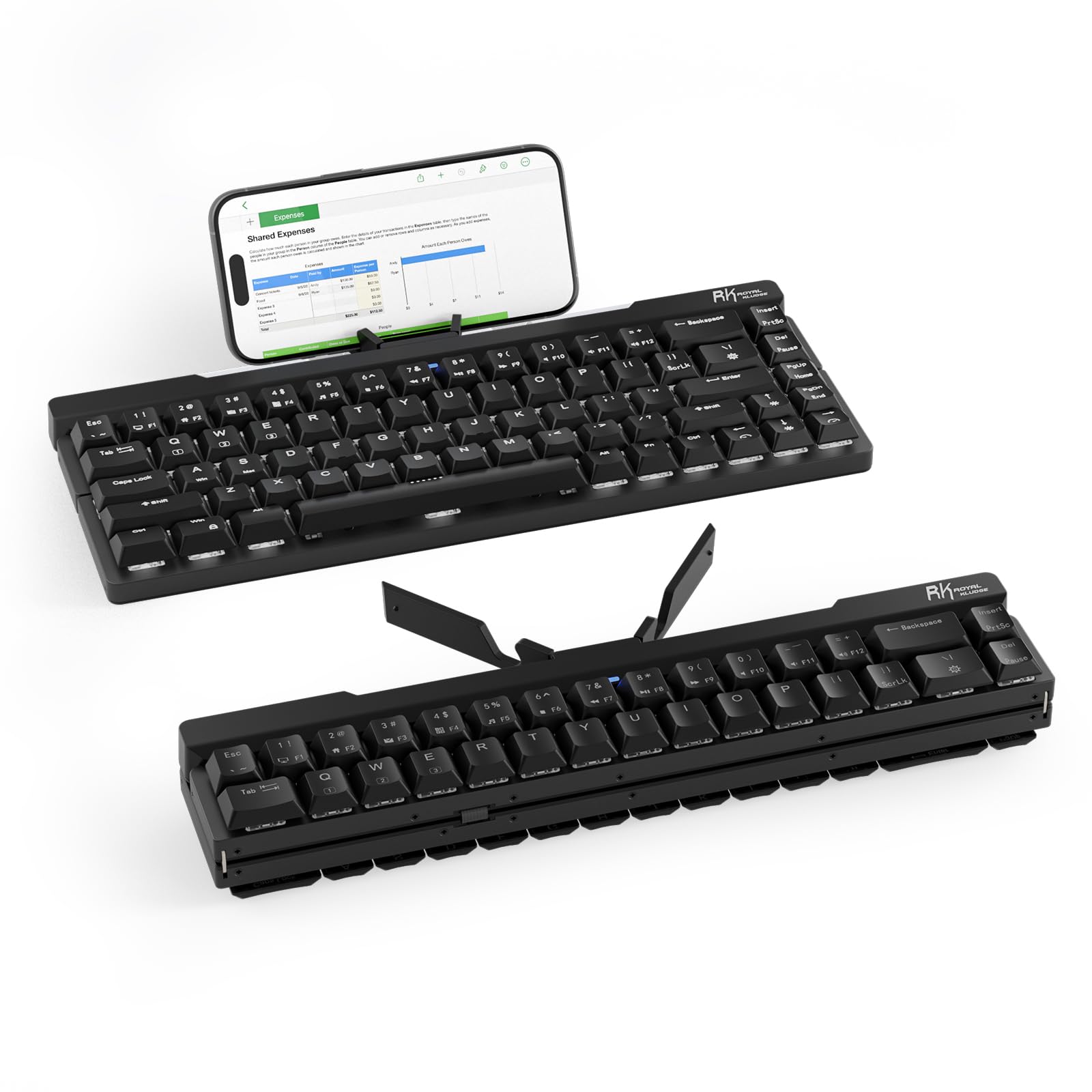 RK ROYAL KLUDGE F68 60% Foldable Wireless Mechanical Keyboard - Low Profile Aluminum Body with Built-in Stand | White Backlit 68 Keys Tactile Brown Switch | Perfect for Office, Gaming & Travel