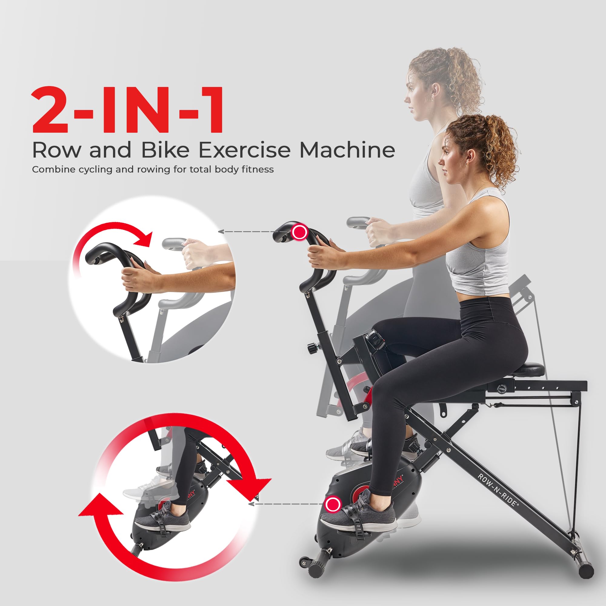 Sunny Health & Fitness Row-N-Ride PRO Full Body Workout Machine with Resistance Bands - Home Gym Equipment for Cardio, Squats & Ab Exercises | Connects to SunnyFit App | Perfect for Small Spaces & Home Fitness Routines
