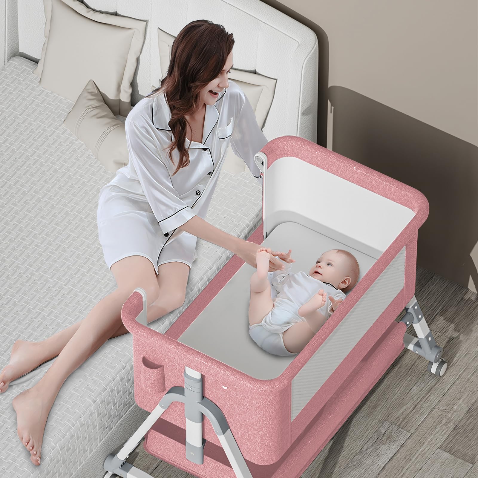 4-in-1 Adjustable Baby Bassinet & Bedside Sleeper with Mattress - Portable Folding Crib with Mosquito Net & Storage - Pink Nursery Bed for Newborns - Perfect for Co-Sleeping, Travel & Small Spaces