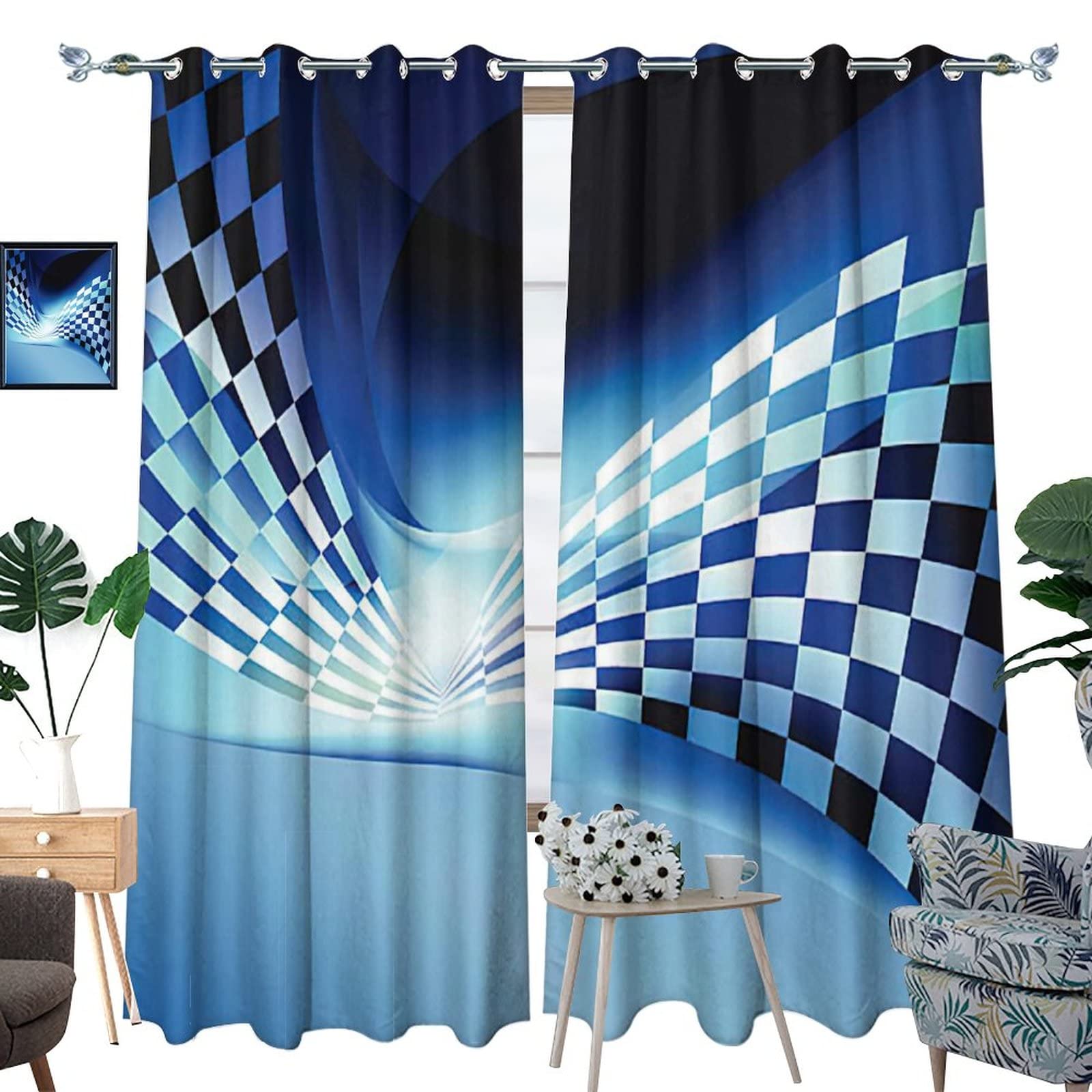 Race Car Flag Blackout Curtains - Thermal Insulated Noise Reducing Light Blocking Drapes, Abstract Blue Black White Checkered Design, 84