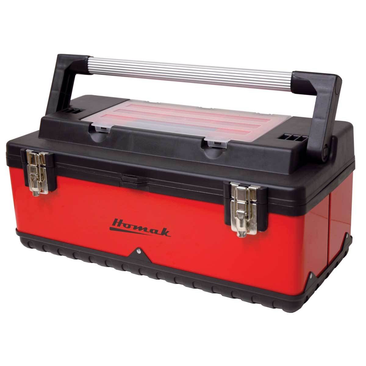 Homak 22-Inch Red Metal & Black Plastic Tool Box with Aluminum Handle - Durable Portable Tool Storage for Home, Garage, and Job Site