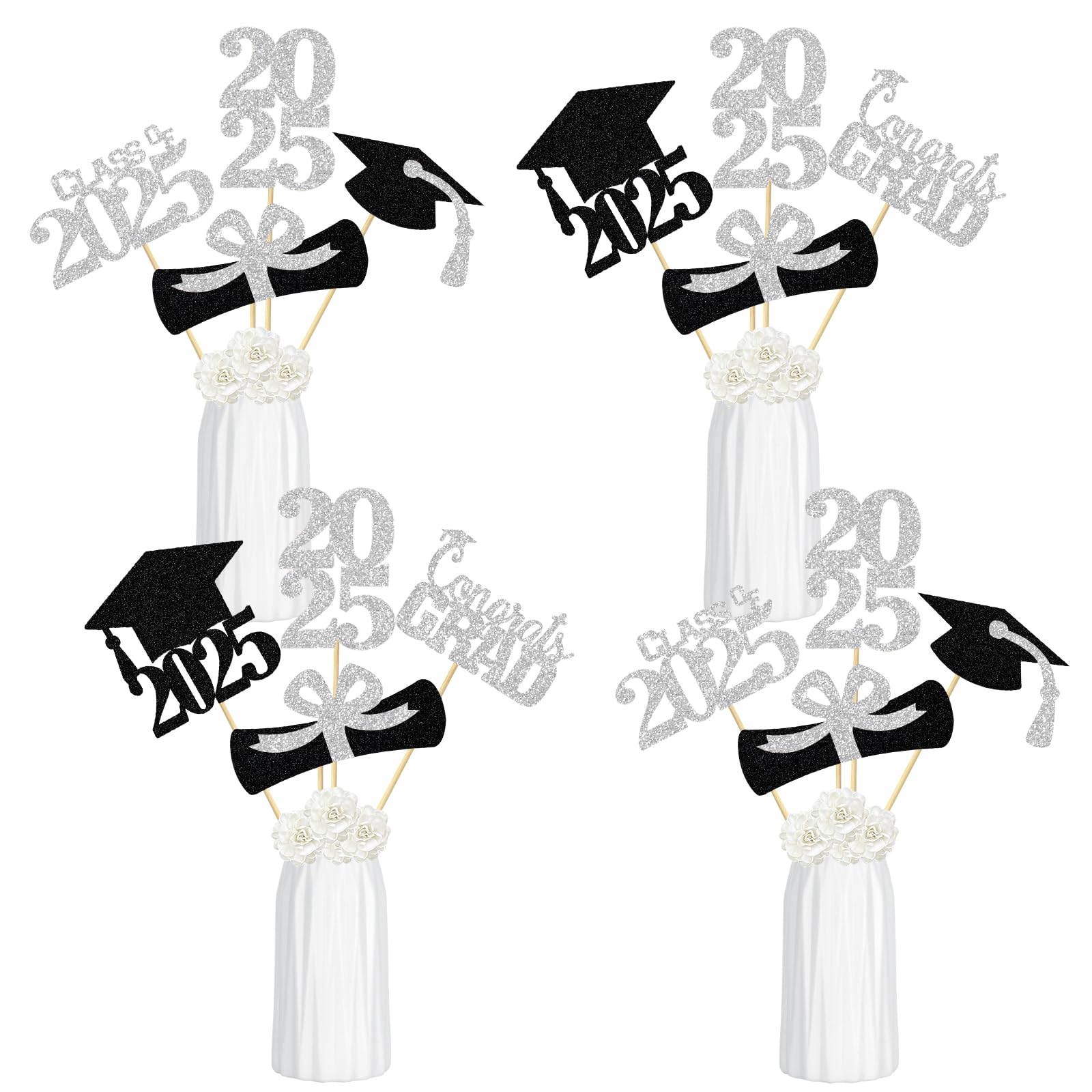 24Pcs Silver Graduation Table Centerpieces Sticks - Elegant Class of 2025 Graduation Party Decorations for Tables, Commencement Ceremony & High School/College Graduation Celebrations