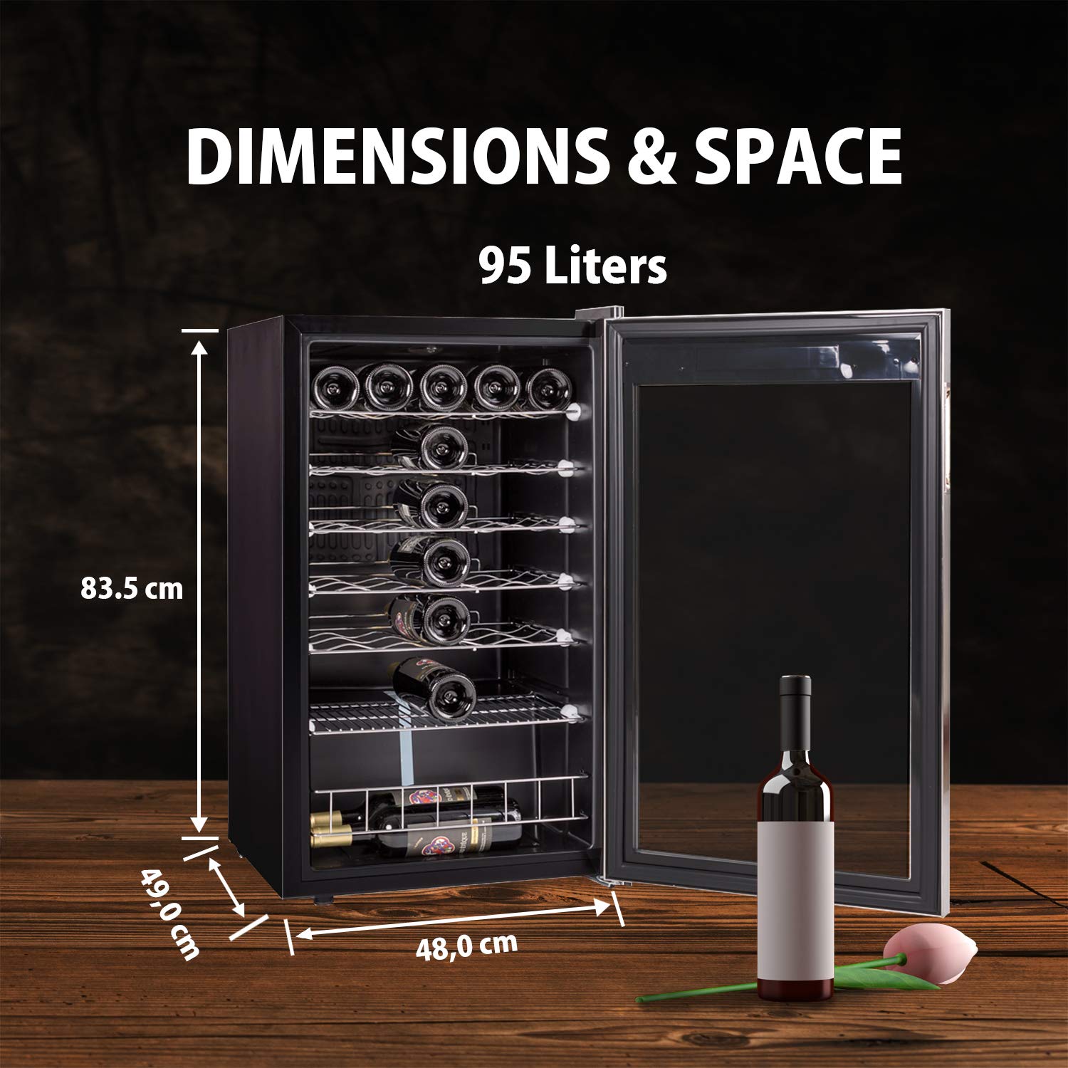 33 Bottle Wine Cooler - 48cm Under Counter Wine Fridge with Glass Door, Touch Screen & LED Light, 95L Capacity - Stainless Steel Frame, Black - Perfect for Kitchen, Bar, Restaurant & Home Cellar Storage