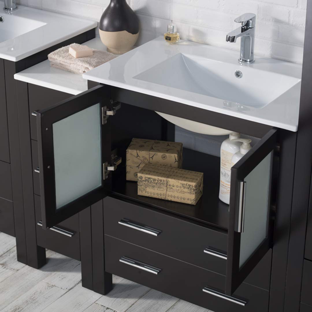 102-Inch Espresso Wood Double Ceramic Sink Bathroom Vanity with Side Cabinet & Mirrors - Modern Bathroom Storage Solution for Master Bath or Guest Bath Remodel