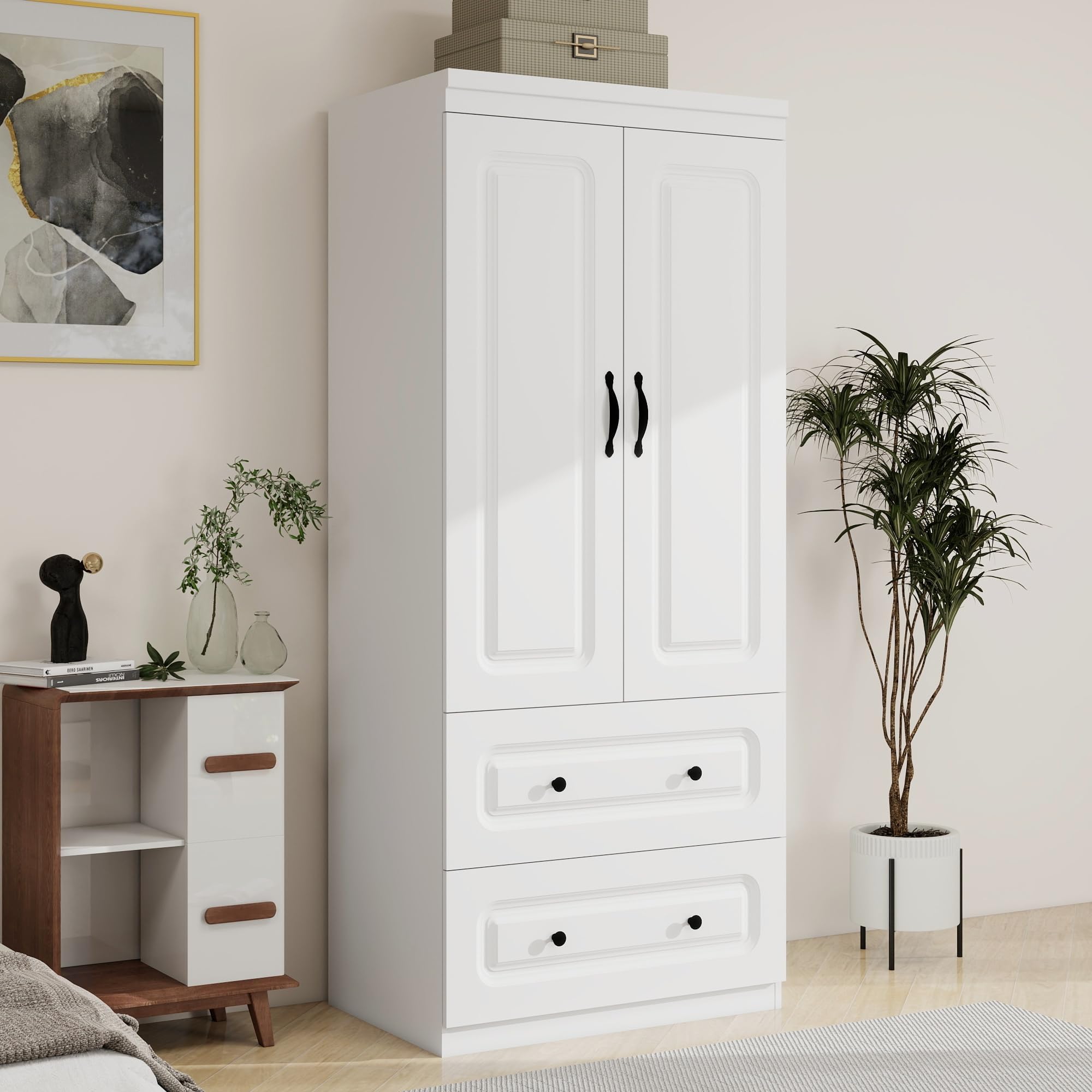 White Wardrobe Closet with 2 Doors & 2 Drawers - Freestanding Storage Cabinet with Hanging Rod for Clothes, Bedroom & Closet Organization | Perfect for Apartments, Dorms & Small Spaces