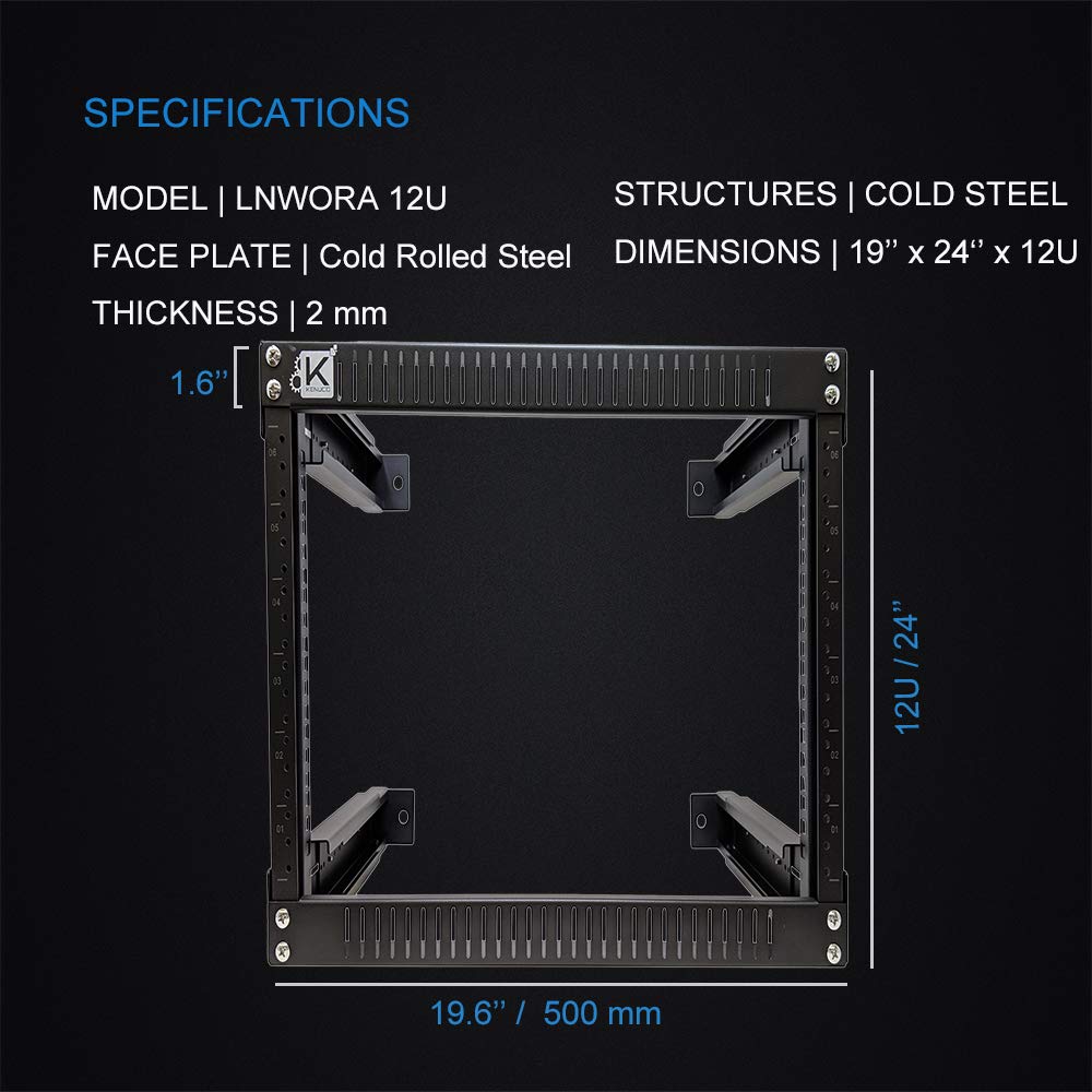 Kenuco 12U Adjustable Depth Wall Mount Open Frame Steel Network Server Rack - 17.75 Inch Deep for Home Office & Data Center Network Equipment Organization