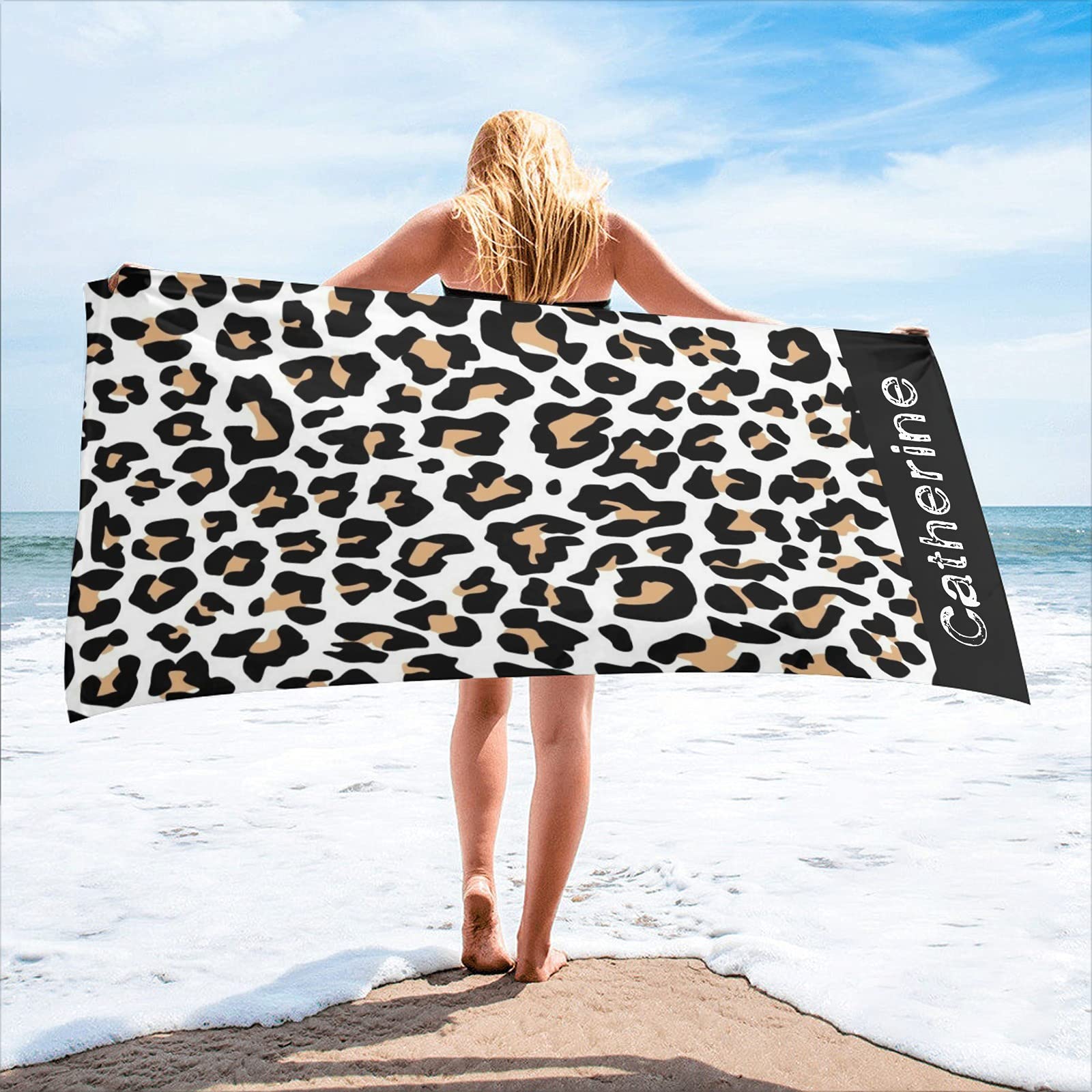 Personalized Beach Towel with Name - Leopard Print Sandproof Quick Dry Bath Towel 30x60 Inch, 2-Sided Printing - Perfect for Pool, Beach, Gym & Sports Gifts