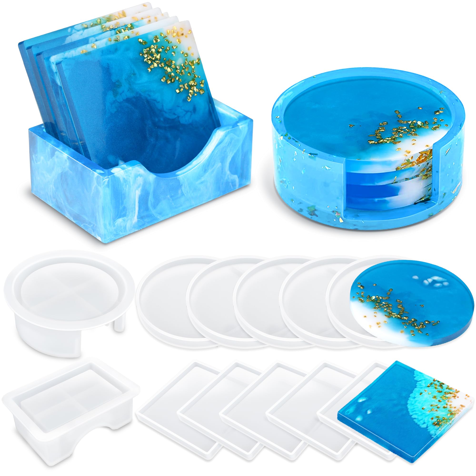 Vakoo 12-Piece Silicone Coaster Molds for Epoxy Resin - Square & Round DIY Craft Molds with Storage Box - Perfect for Making Unique Drink Coasters, Home Decor, and Gift Ideas