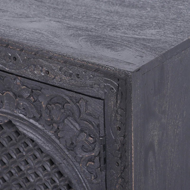 Distressed Black Carved Wooden Sideboard Buffet Table - Rustic Farmhouse Dining Room Storage & Serving Furniture for Home Decor