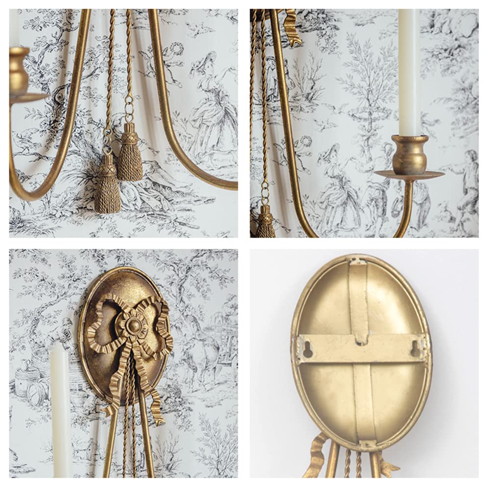 Romantic Gold Wall Mounted Candle Sconces with Bow Pendant - 2 Arm Metal Candle Holders for Living Room, Fireplace, Yard & Pathway Decor - Perfect for Wedding, Dining Room & Outdoor Lighting Ambiance