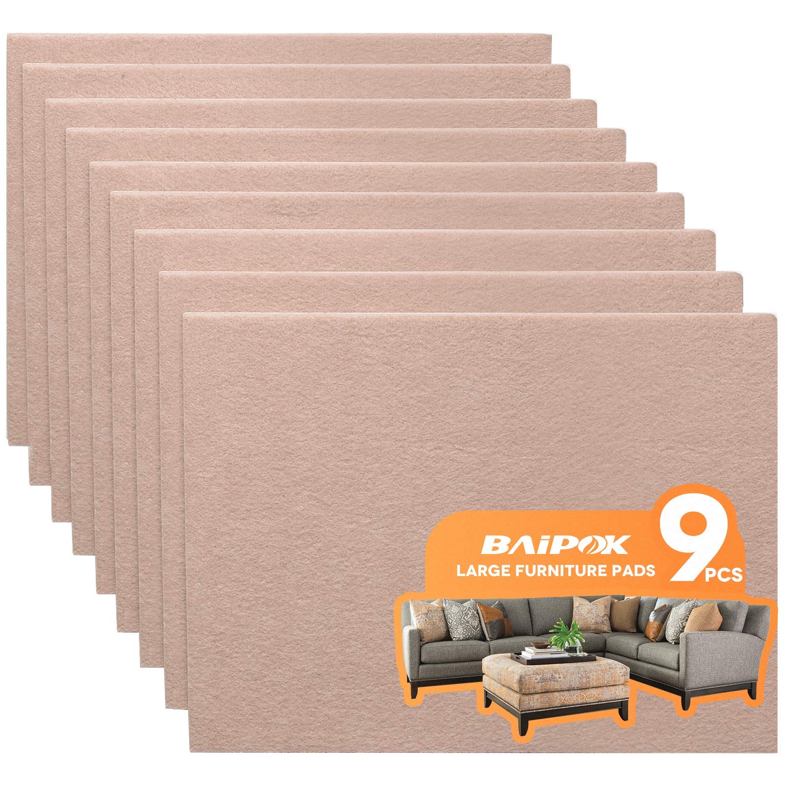 BAIPOK 9 Pack Premium Self-Adhesive Felt Furniture Pads - 8x6x0.2 Inch Cuttable Beige Floor Protectors for Hardwood Floors | Scratch Protection for Chairs, Tables, Sofas & Heavy Furniture