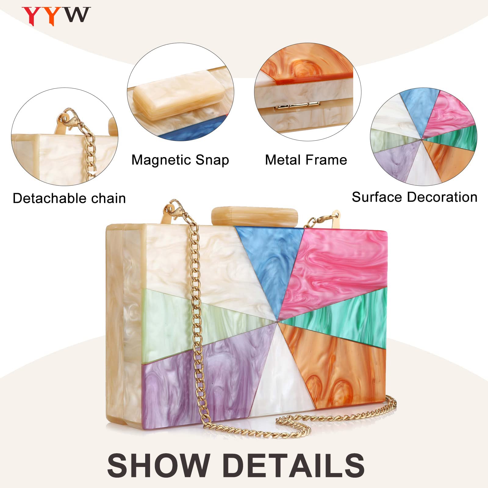 YYW Acrylic Clutch Purse for Women - Marble Pattern Evening Crossbody Bag with Detachable Chain - Perfect for Wedding, Party & Special Occasions
