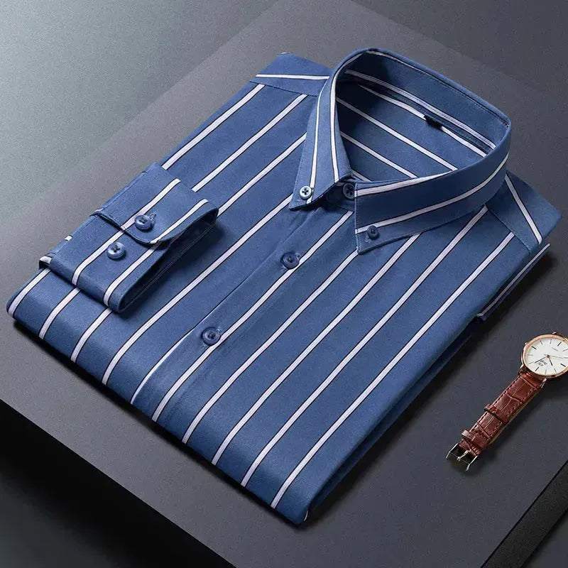 Men's Business Casual Wide Striped Shirt - Slim Fit Long Sleeve Button Down Dress Shirt for Office, Work & Formal Occasions