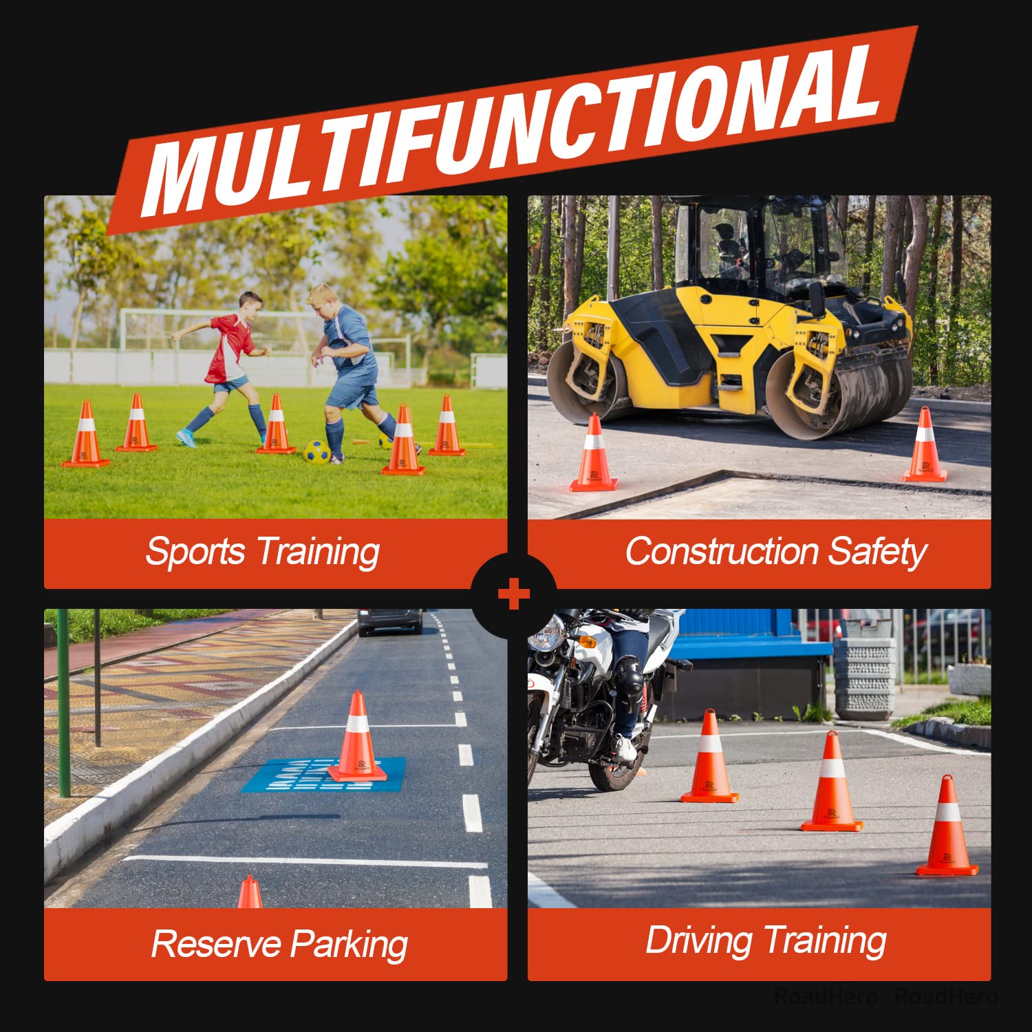 RoadHero 18 Inch Traffic Cones - 12 Pack Orange Safety Cones with Handle & Reflective Collar for Parking Lots, Sports Training, Driving Practice, Construction Sites & Road Safety | Durable Cones for Traffic Control, Event Marking & Outdoor Safety
