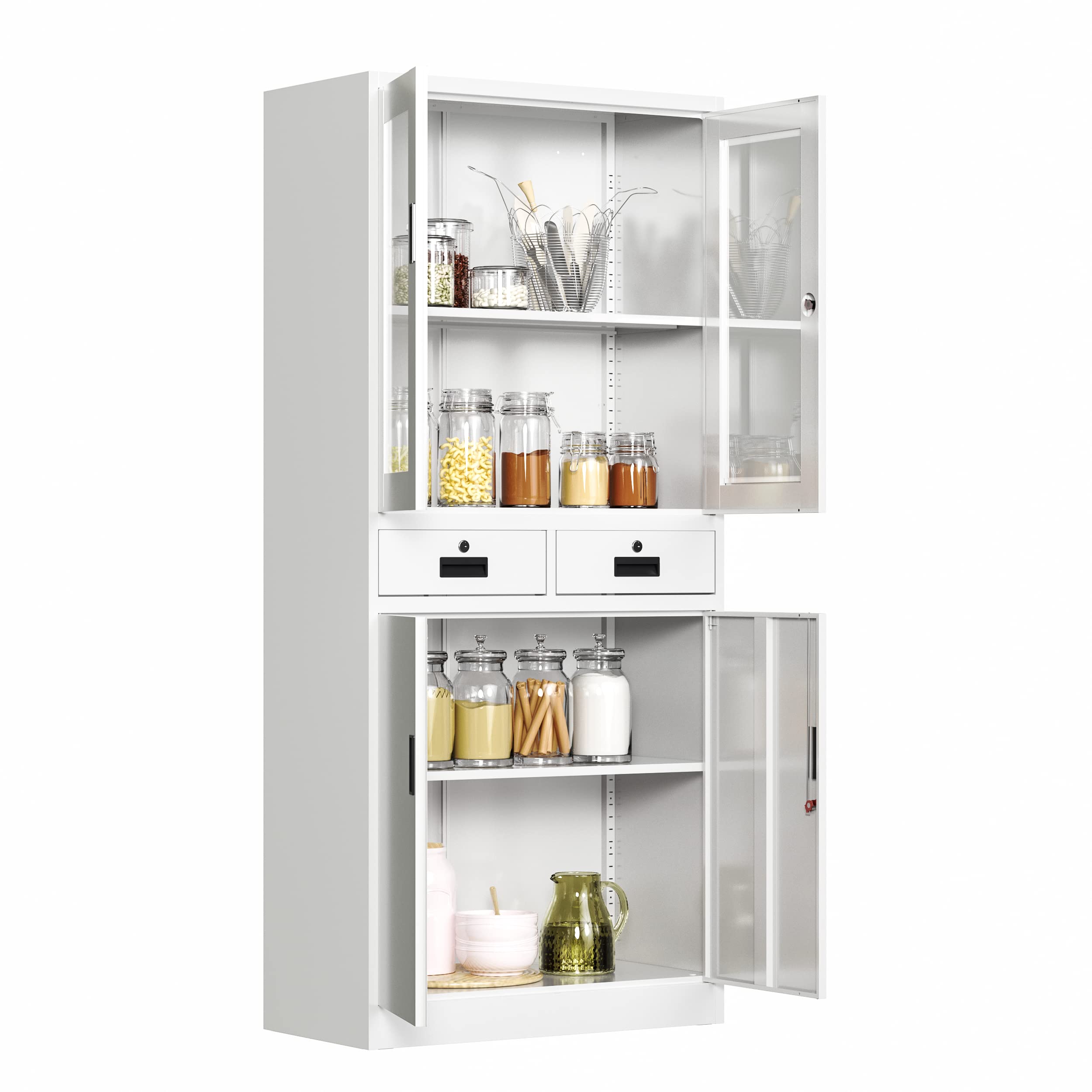 71'' Tall White Metal Storage Cabinet with Locking Doors & Adjustable Shelves - Freestanding Glass Display Cabinet for Kitchen Pantry, Living Room, or Office Organization