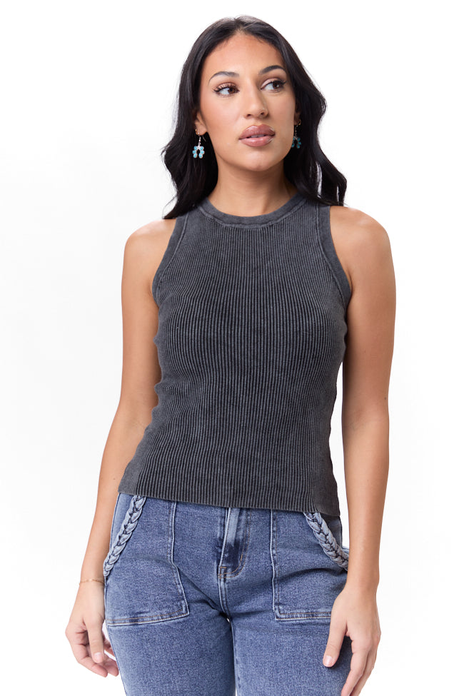 Charcoal Acid Washed Ribbed High Neck Tank Top for Women - Stylish Casual & Layering Essential - Perfect for Streetwear, Gym, and Everyday Outfits