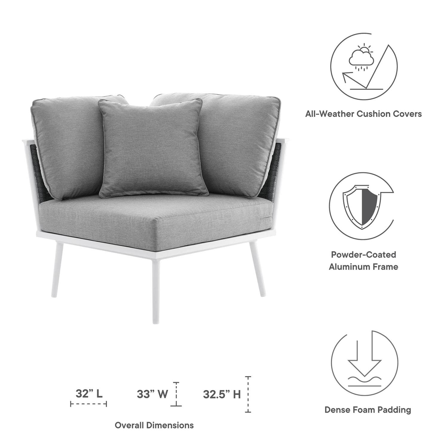 Modway Stance Outdoor Patio Sectional Sofa - Woven Rope & Aluminum Frame Corner Chair in White Gray - Perfect for Backyard, Poolside & Garden Relaxation