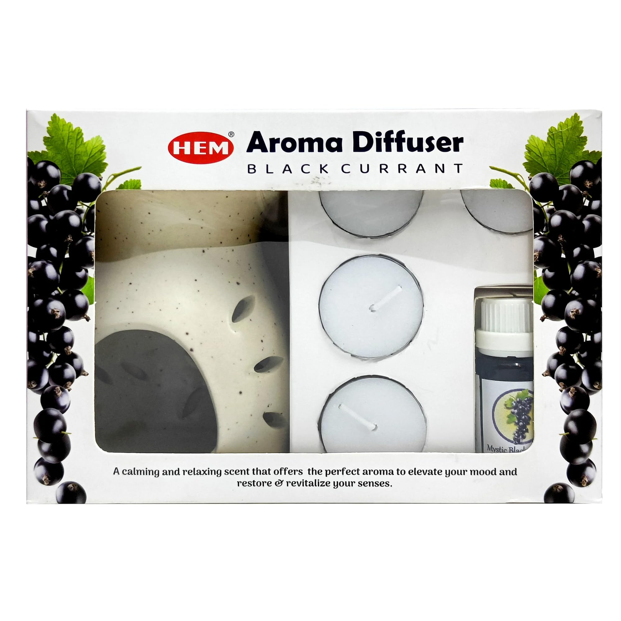 Premium HEM Ceramic Oil Burner Gift Set with Black Currant Essential Oil (10ml) & 4 Tealight Candles - Aromatherapy Diffuser for Home Fragrance, Spa Relaxation, Meditation & Gifts - Perfect for Bedroom, Bathroom, Yoga Studio & Office Spaces