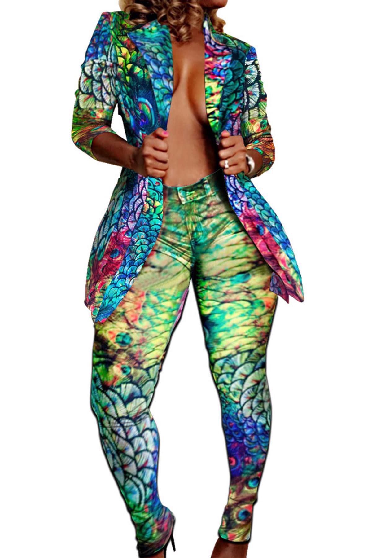 Women's Sexy 2-Piece Outfit Set - Open Front Blazer Jacket with Thigh-High Stockings & Leggings Pants | Perfect for Date Night, Club Wear & Office Fashion