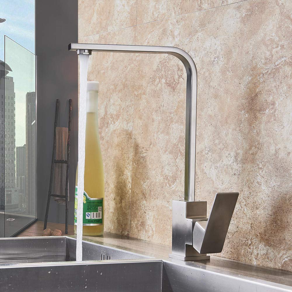 360° Rotating Brushed Nickel Kitchen Faucet - Single Lever Deck Mount Mixer Tap for Hot & Cold Water - Perfect for Modern Kitchens & Bathrooms (One Hole Installation)