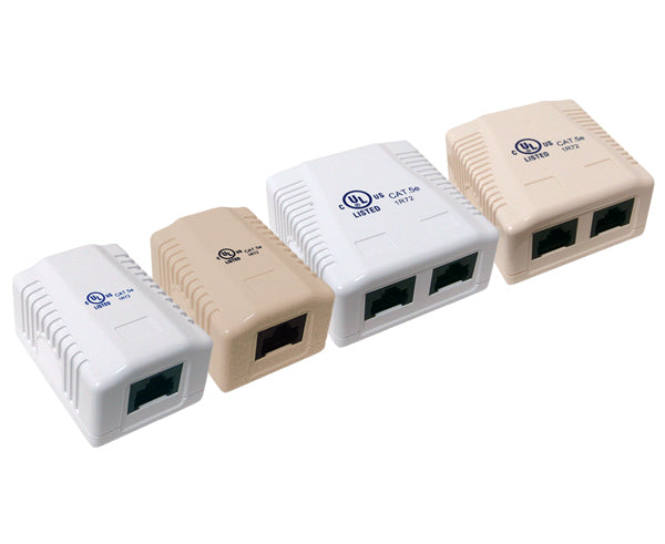 CAT5E Surface Mount Box - 1 Port & 2 Port Options - Pre-Wired Universal Enclosure (White) for Home & Office Network Installations