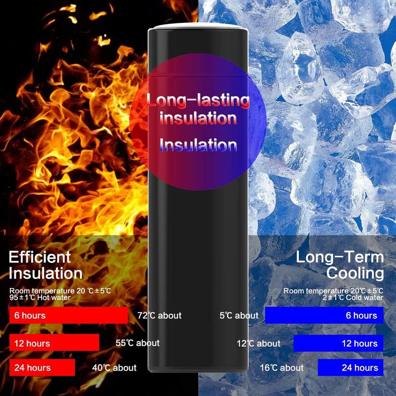 Smart LED Temperature Display Stainless Steel Insulated Water Bottle - 500ml, Black - Perfect for Gym, Hiking & Outdoor Activities