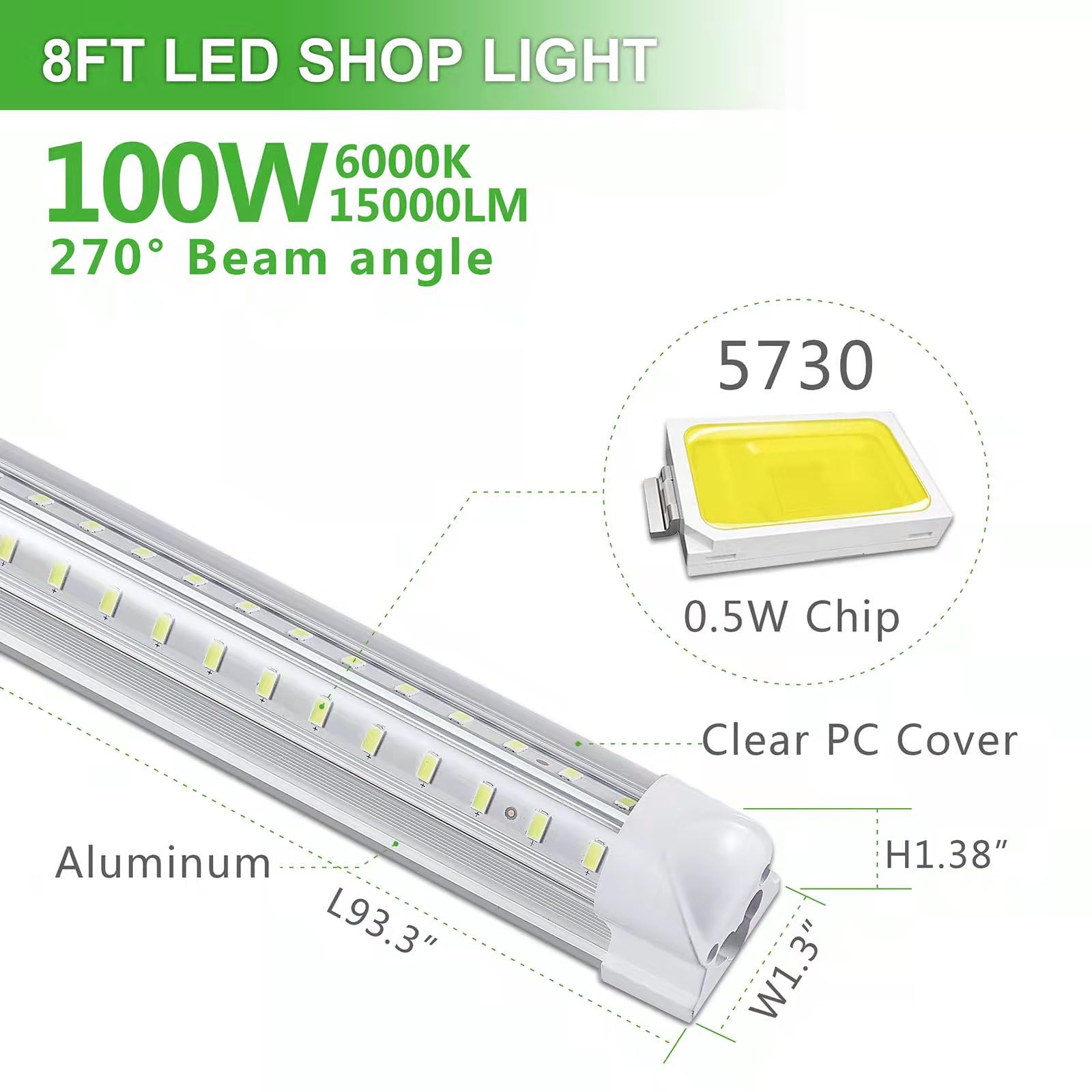 8Pack 8FT LED Shop Light Garage Light - 100W 6000K Daylight White, 15000LM Super Bright, Linkable T8 LED Tube Lights for Garage, Warehouse, Workshop - Hanging or Surface Mount, Plug and Play - Perfect for Industrial Spaces, Basements & DIY Projects