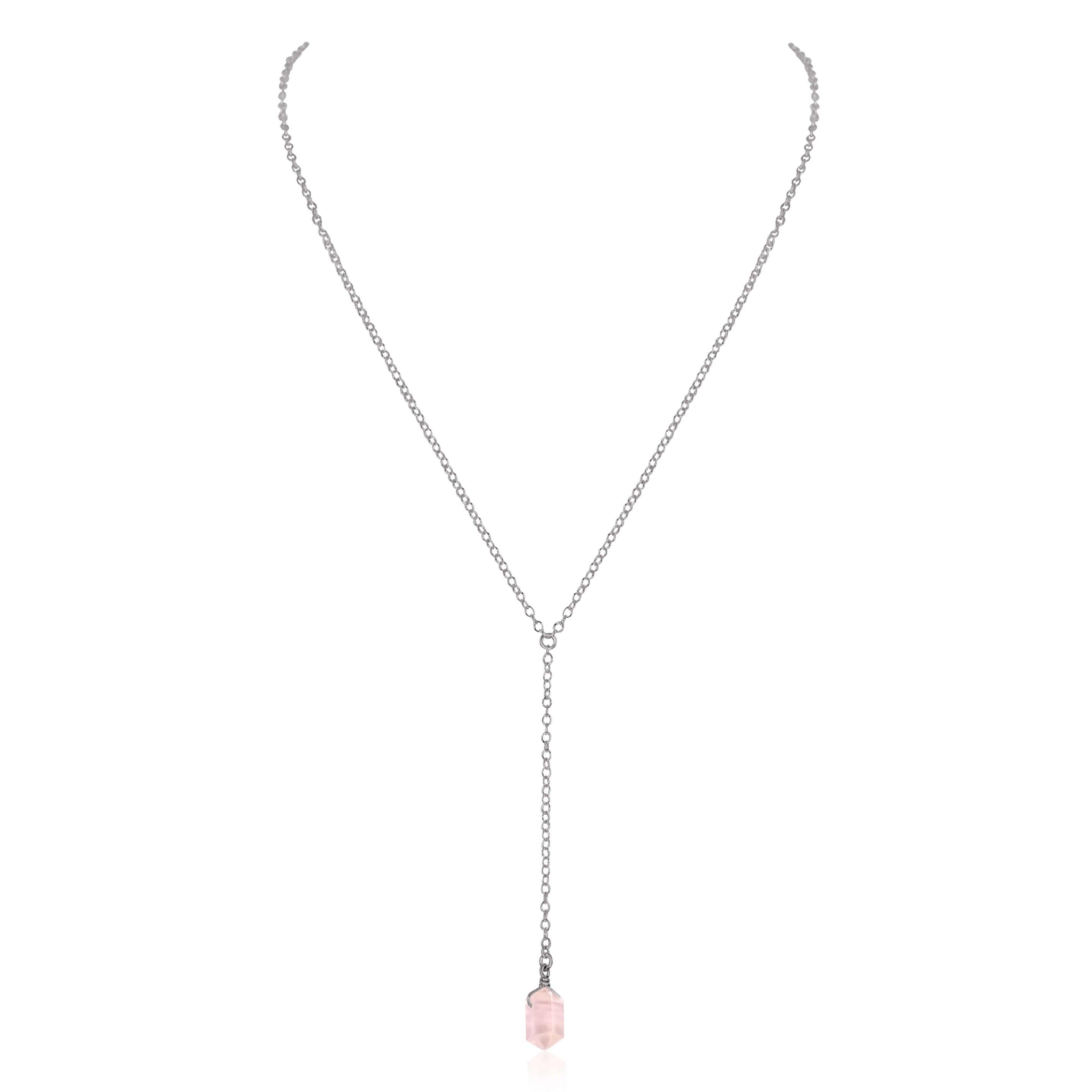 Rose Quartz Double Terminated Mini Crystal Point Lariat Necklace - Healing Stone Jewelry for Women, Dainty Boho Pendant Necklace - Perfect for Meditation, Energy Work & Everyday Wear
