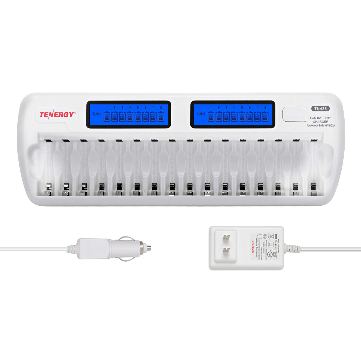 Tenergy TN438 16 Bay Smart Battery Charger with LCD Display & IC Protection - Fast Charging for AA/AAA NiMH/NiCd Rechargeable Batteries - Includes AC Wall Adapter & Car Adapter - Perfect for Digital Cameras, Gaming Controllers & Emergency Kits