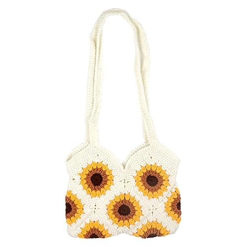 Sunflower Crochet Crossbody Bag for Women - Handmade Woven Tote Beach Purse, Large Knit Shoulder Bag for Vacation, Travel, Shopping & Summer Outfits (White-2)