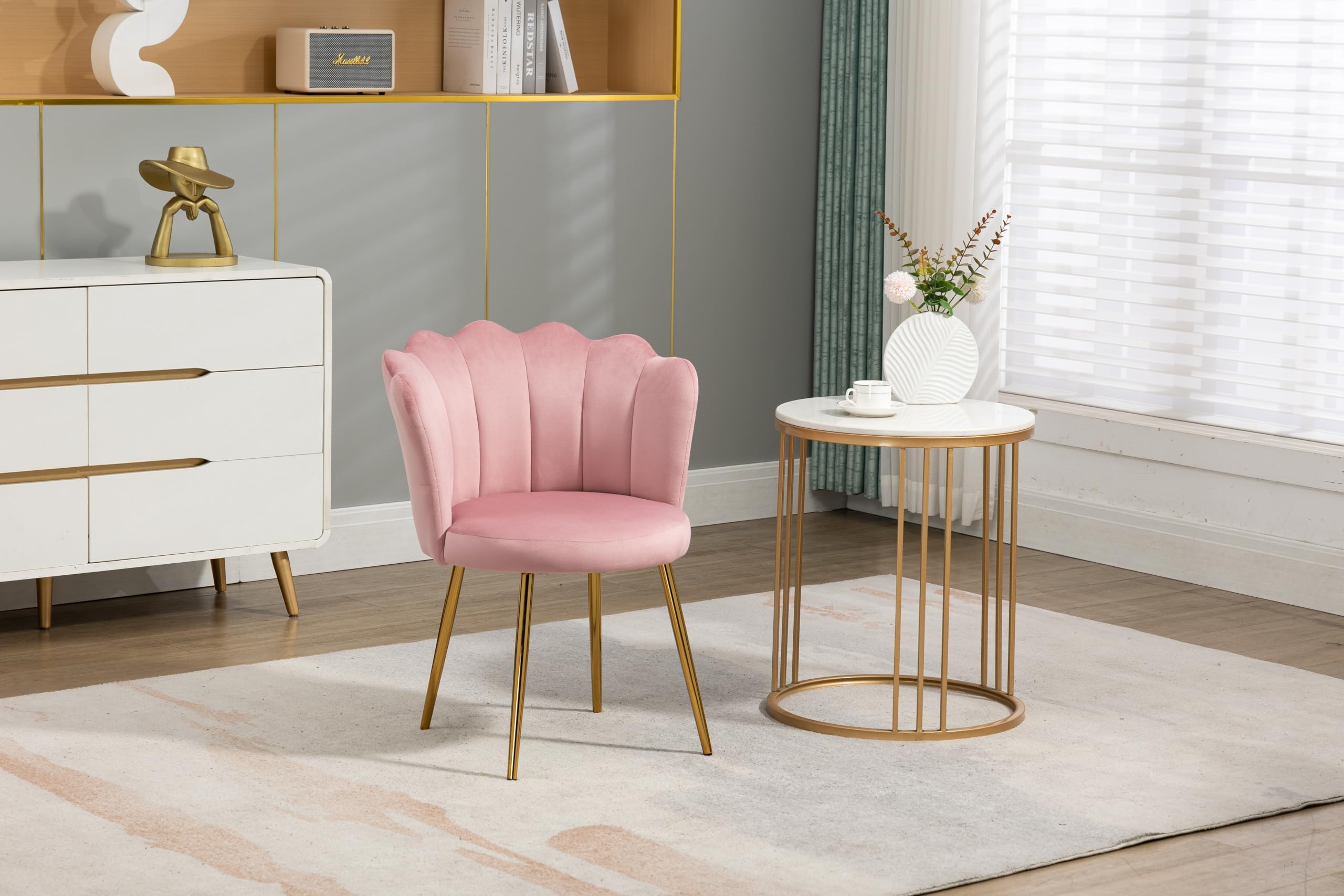 Modern Velvet Upholstered Vanity Chair with Golden Metal Legs & Petal Back - Comfy Armchair for Bedroom, Dining, Desk - Perfect for Women, Girls & Kids (Bright Pink) - Ideal for Makeup Vanity, Dressing Room, Home Office & Study