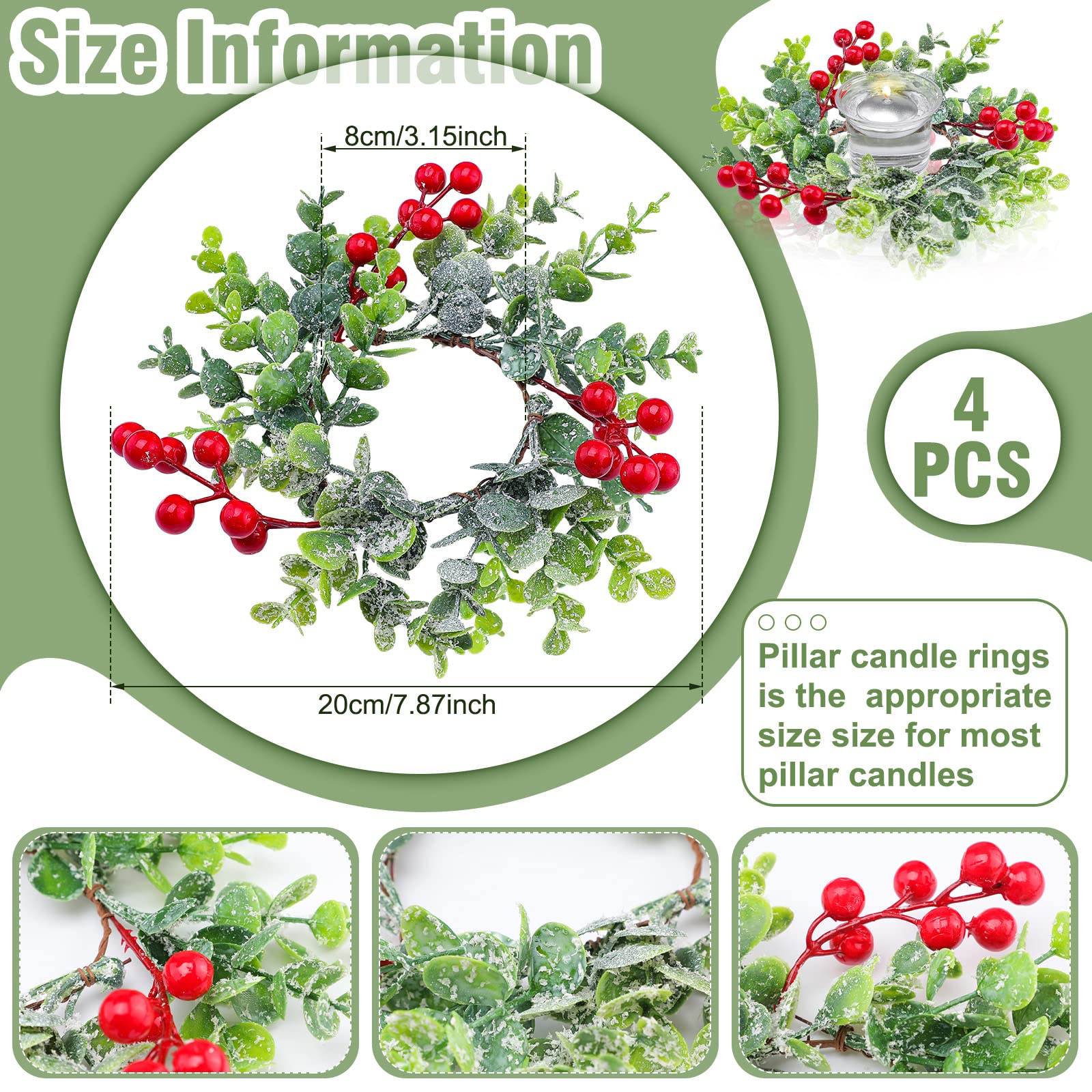 Christmas Candle Rings Wreaths - 8 Pack Holiday Decor for Kitchen Cabinets, Tables, Windows & Walls - Xmas Wreath Centerpieces for Pillar Candles, Chairs & Festive Home Decor