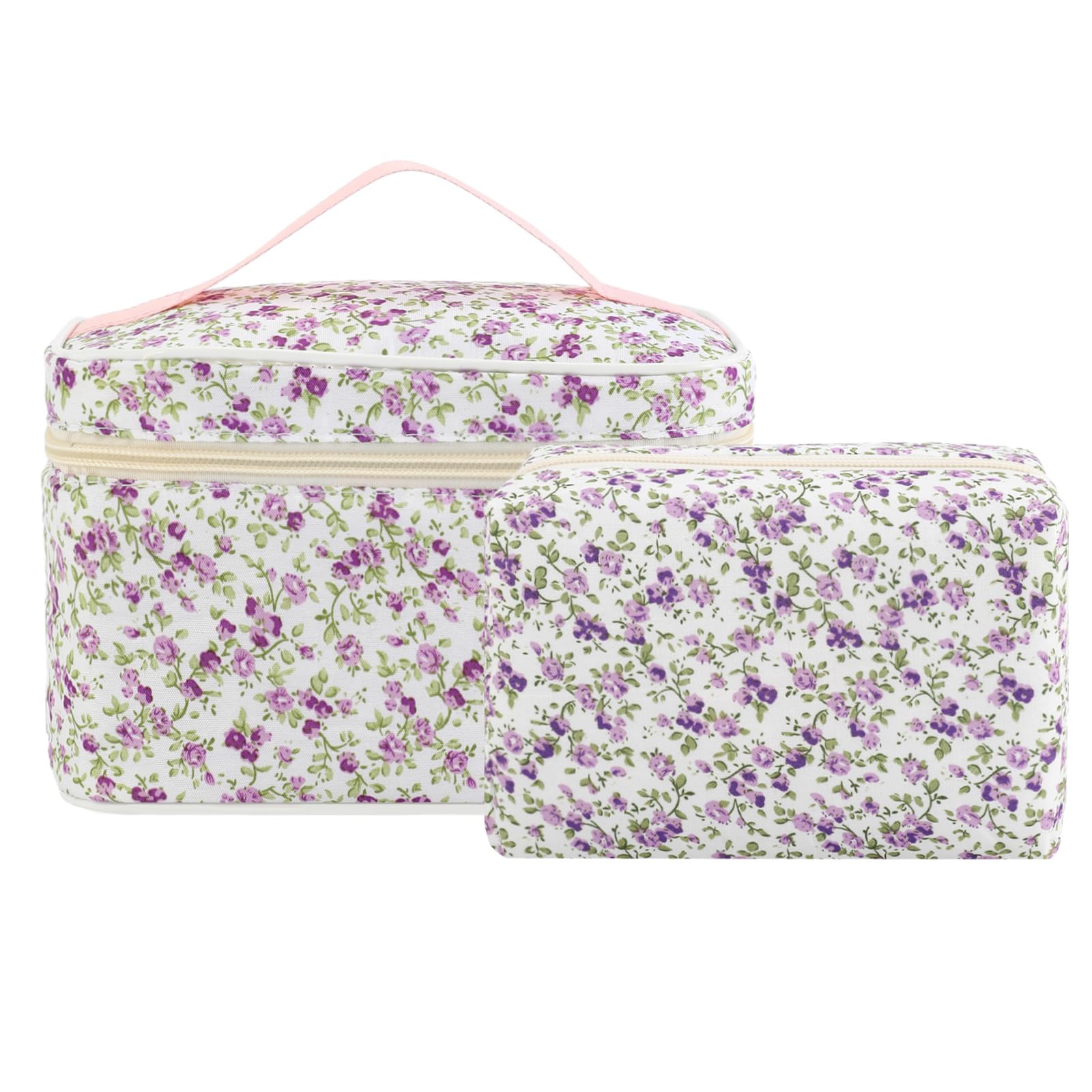 LYDZTION 2PCS Floral Makeup Bags for Women - Cute Cotton Cosmetic Organizer Pouch, Travel Makeup Storage Bag, Aesthetic Coquette Purse for Toiletries & Beauty Essentials - Perfect for Travel, Gym & Daily Use (Purple)