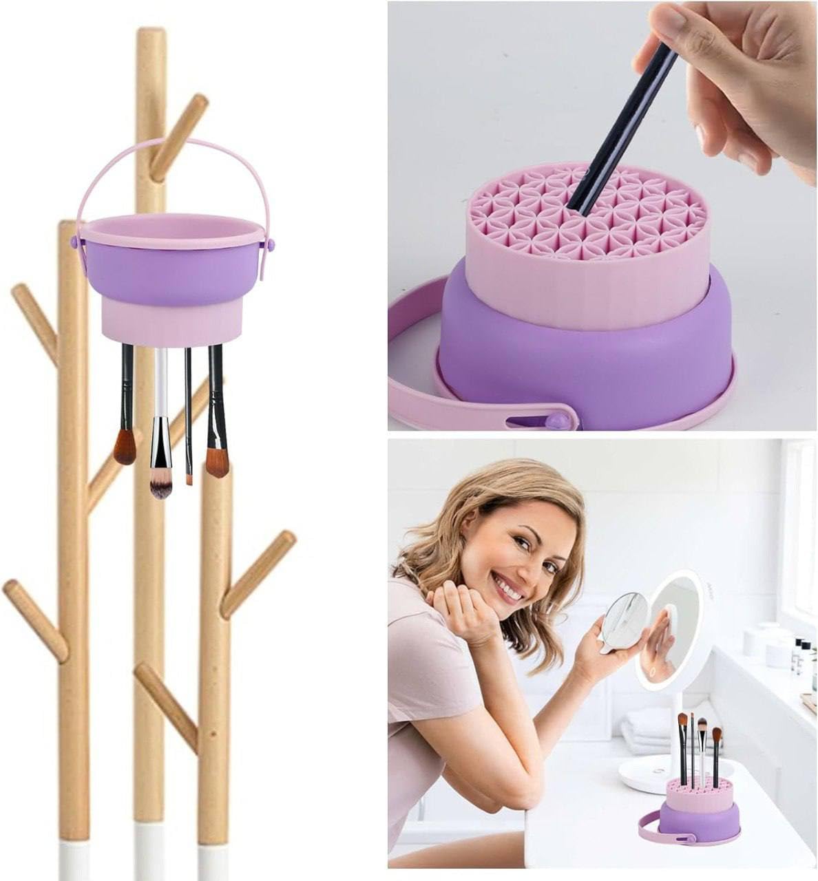 3 in 1 Silicone Makeup Brush Cleaner Mat with Drying Holder - Professional Cosmetic Brush Washing Tool for Makeup Brushes, Sponges & Powder Puffs - Multicolor Beauty Accessory for Home & Salon Use